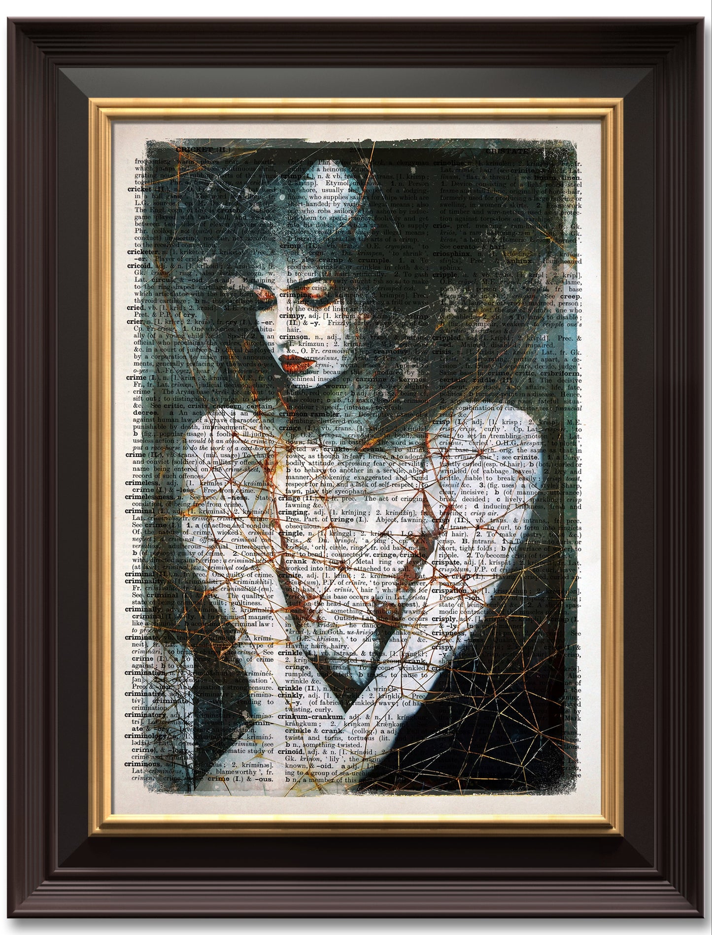 Soulful portraiture captured on a vintage dictionary page: Entwined Melancholy Dreams.