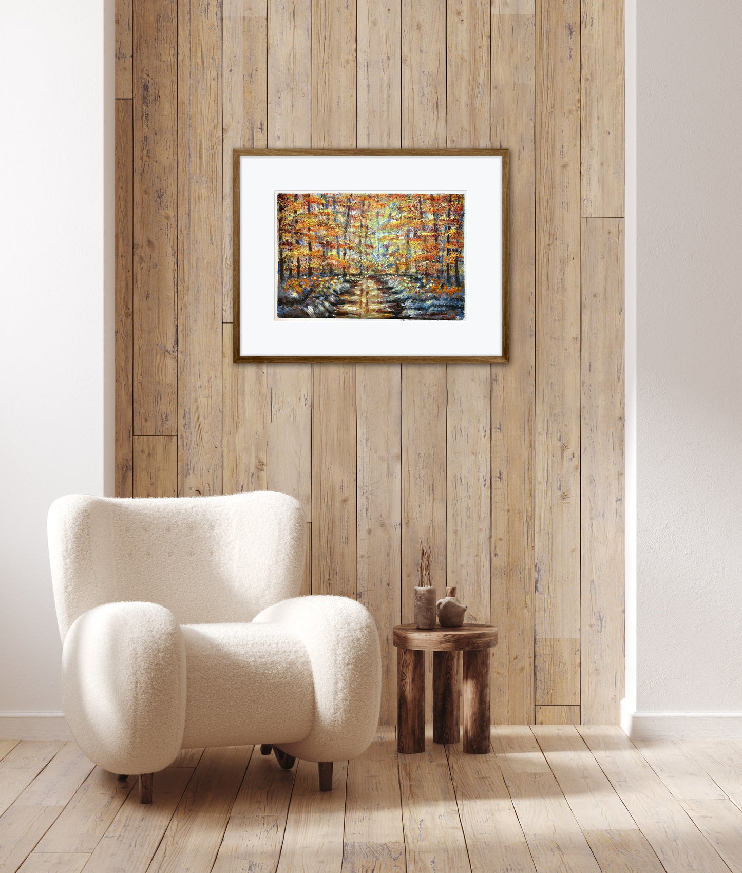 Experience the mesmerizing beauty of the autumn woods through this painting.