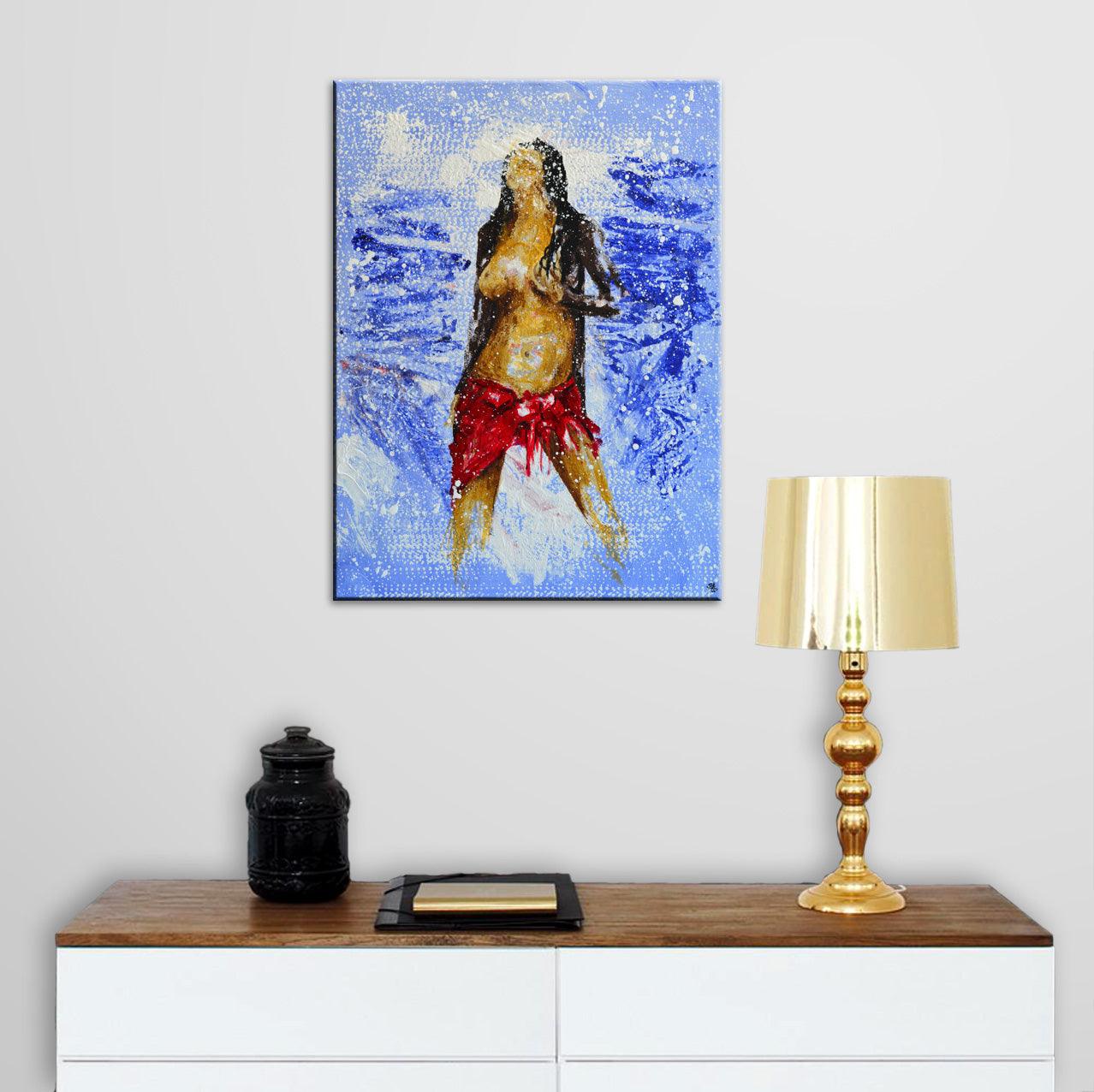 Modern art canvas with layered blue background and portrait