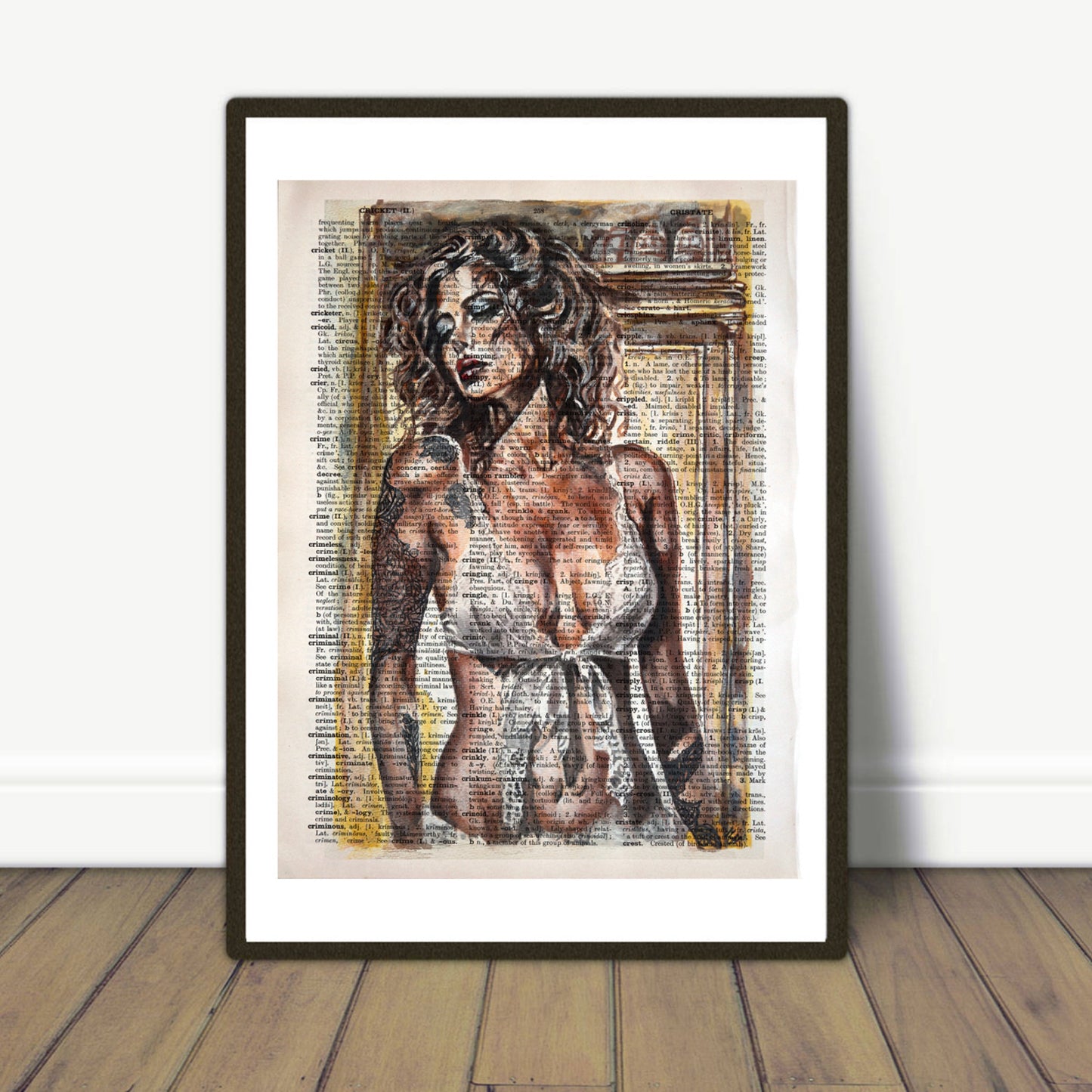 "The Girl with the Tattoo" on an authentic vintage dictionary page, capturing the essence of 1980s B-movie posters with a blend of sensuality and eroticism.