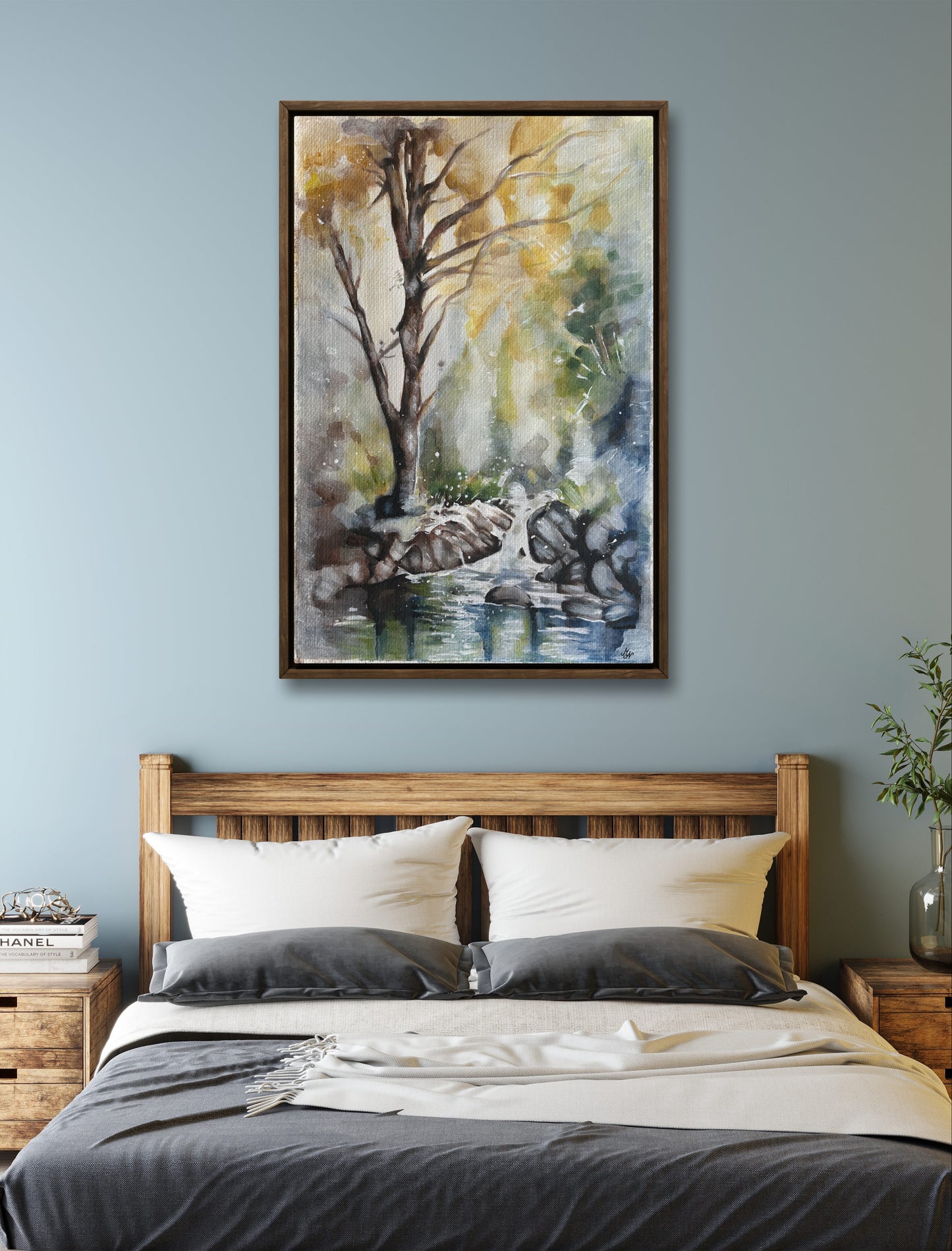 Nature inspired painting of a tree over a rushing stream in vibrant greens and yellows
