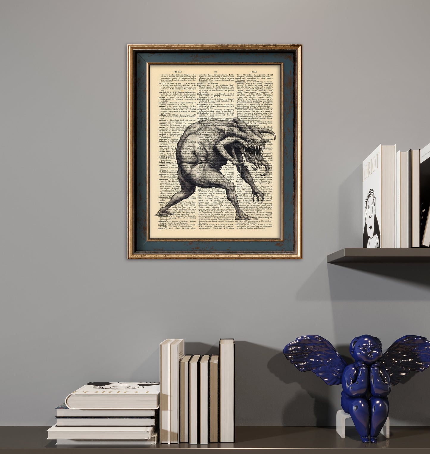 Resident Evil – Tyrant artwork on a vintage dictionary page, combining the eerie essence of horror with a touch of historical context.