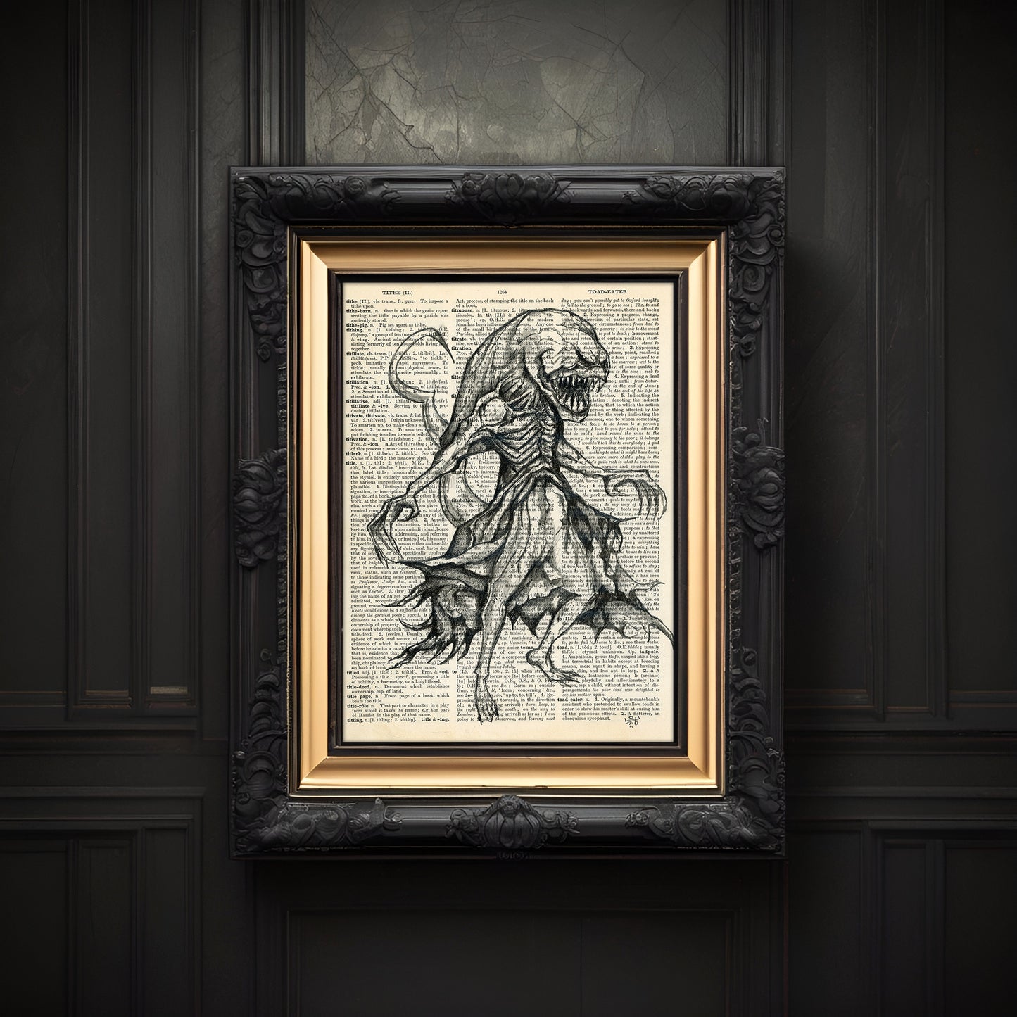 Chilling "Xenomorph" artwork on a 1930s dictionary page, featuring a pencil drawing of an alien in horror style.