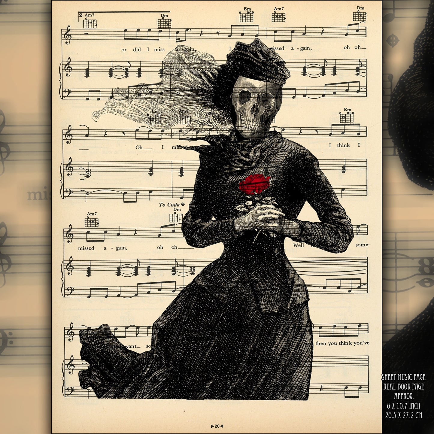 Timeless gothic art blending a red rose of death with Victorian whimsy on authentic vintage paper.
