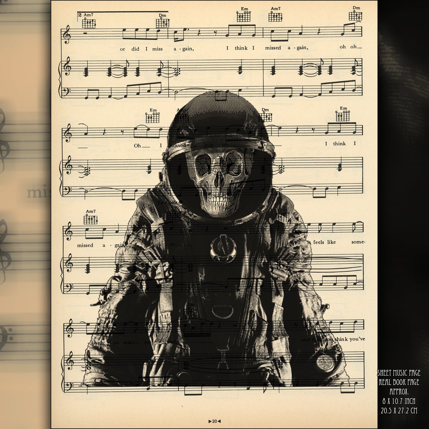 A surreal astronaut skull illustration printed on a vintage dictionary page with Victorian gothic details
