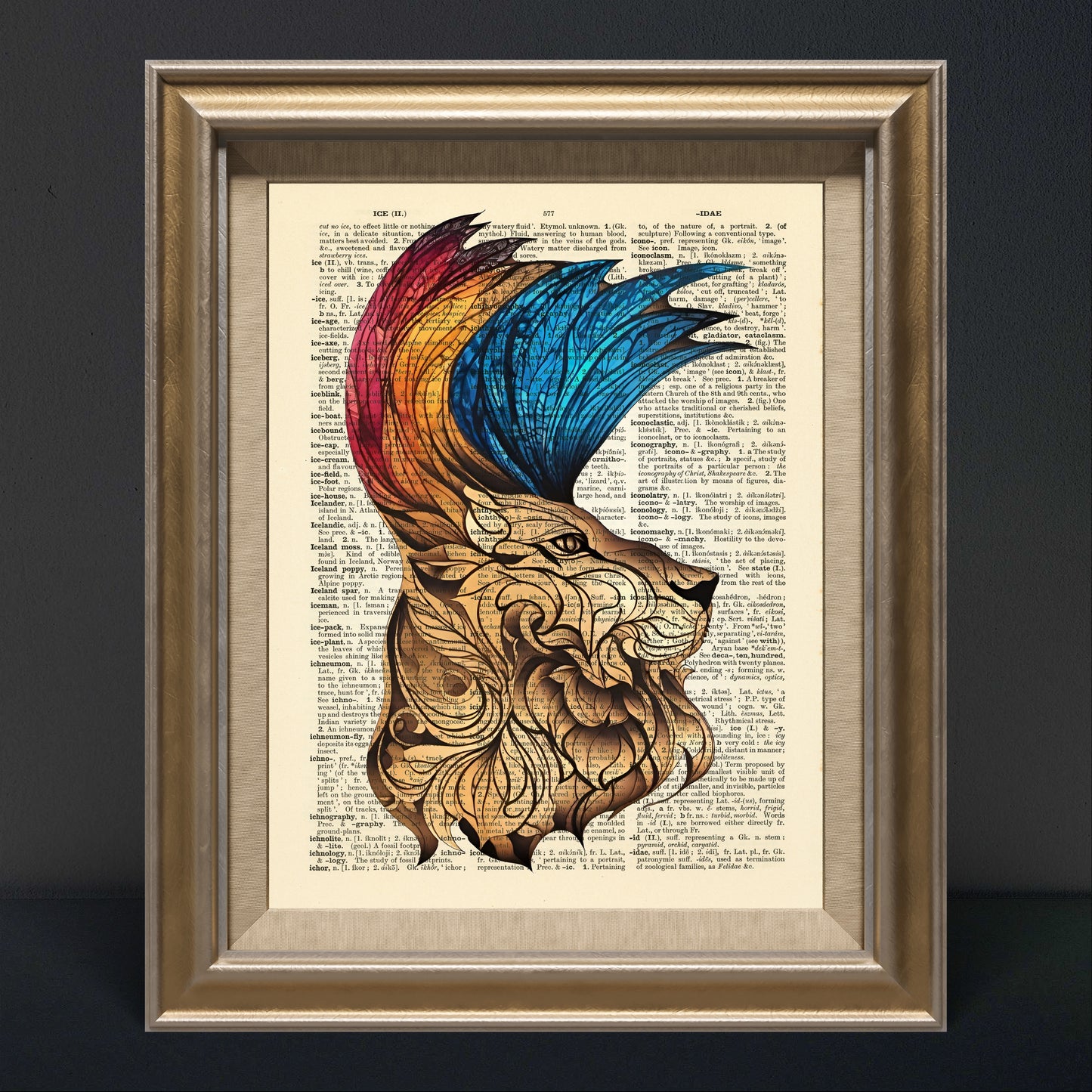 Limited edition "American Lion" print with a floral lion head and colourful Mohawk on an upcycled page.