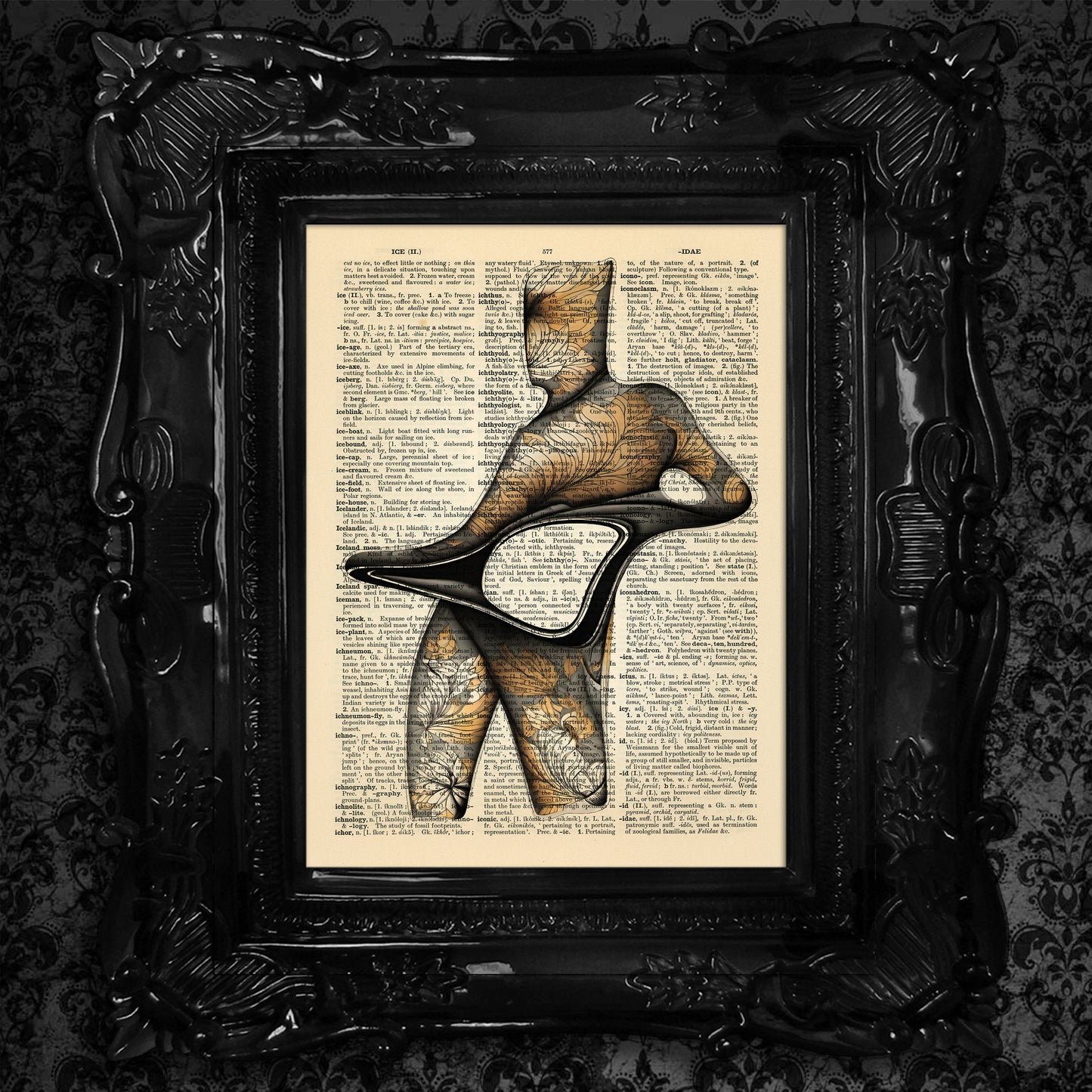 Abstract Beauty: "Essence of the Human Form." Limited edition print on vintage dictionary page depicts a woman in transformation. Earth-toned floral pattern emerges from within.