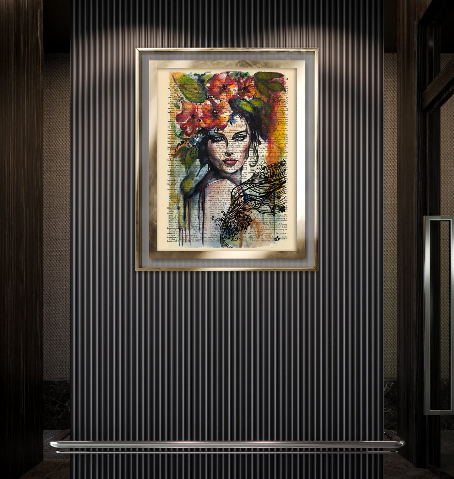 A captivating portrayal of a tattooed woman, blending artistic styles on a vintage page from The Universal Dictionary of the English Language, evoking both tradition and modernity.