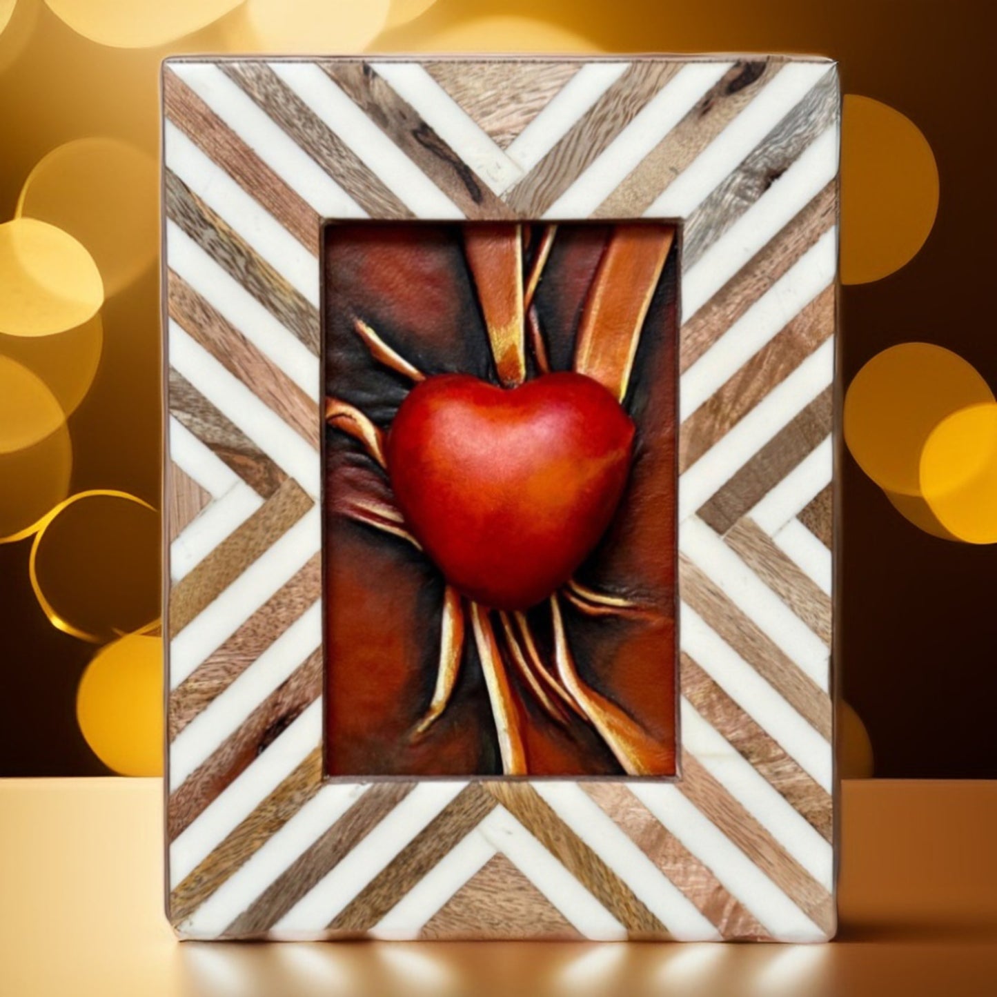 One-of-a-kind leather heart sculpture, featuring delicate acrylic paint accents and housed in a stylish wooden frame, perfect for celebrating love and beauty.