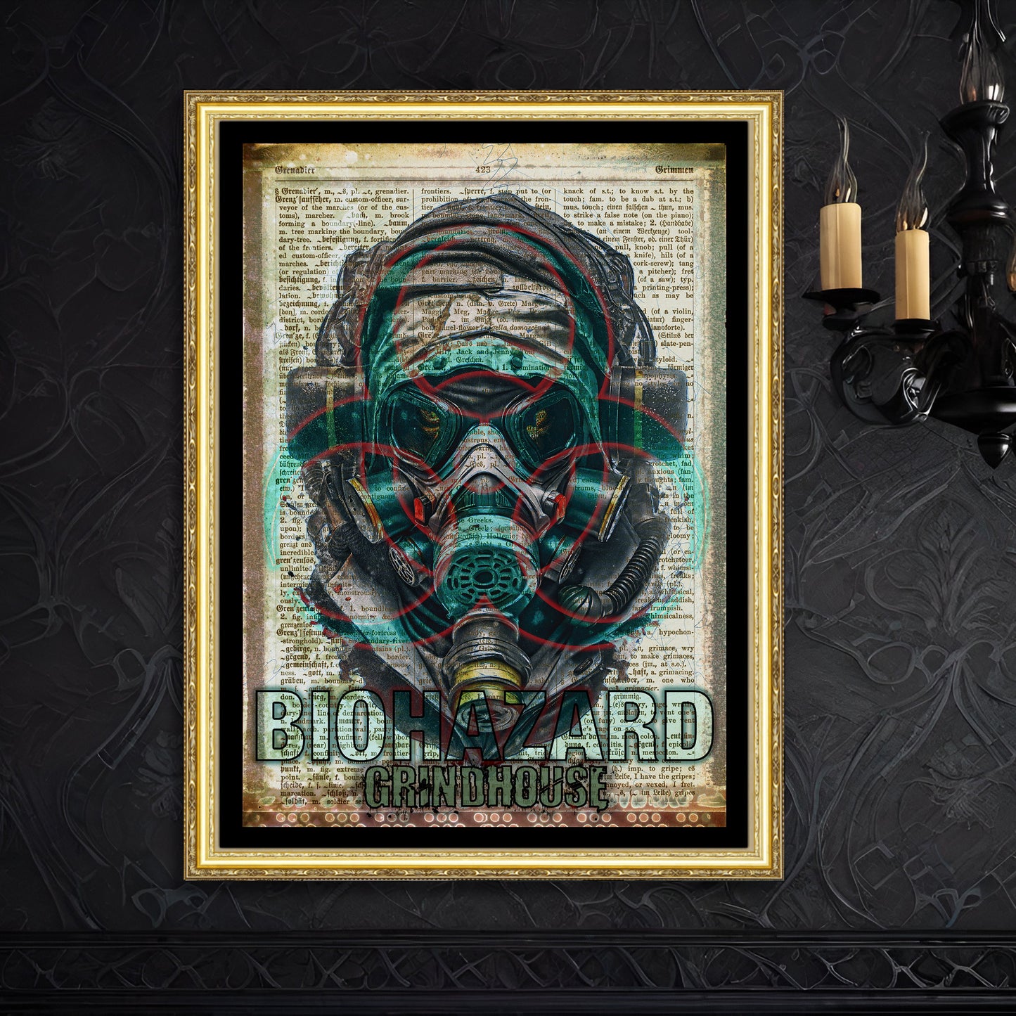 "Grindhouse Biohazard" combines neon-soaked aesthetics, grunge fonts, and German text, printed on high-quality Fine Art Paper.