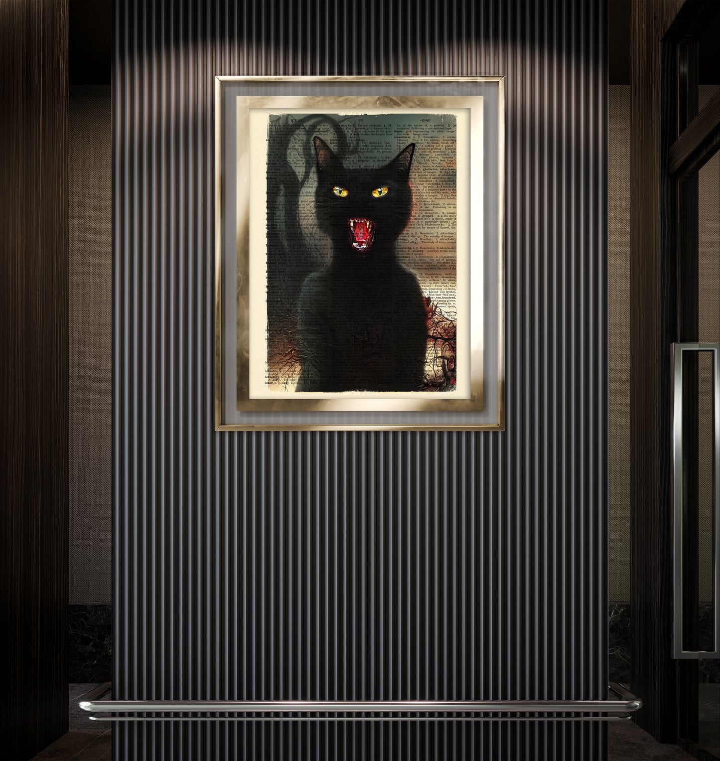 Creepy black cat portrait printed on eco-friendly vintage paper.
