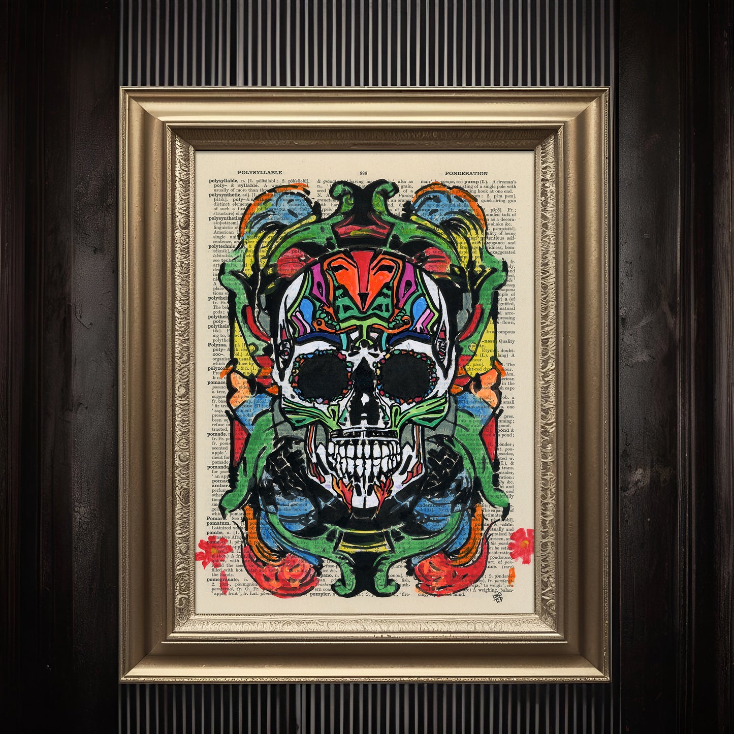 Vibrant Day of the Dead skull art with floral patterns and swirling designs on a vintage page.