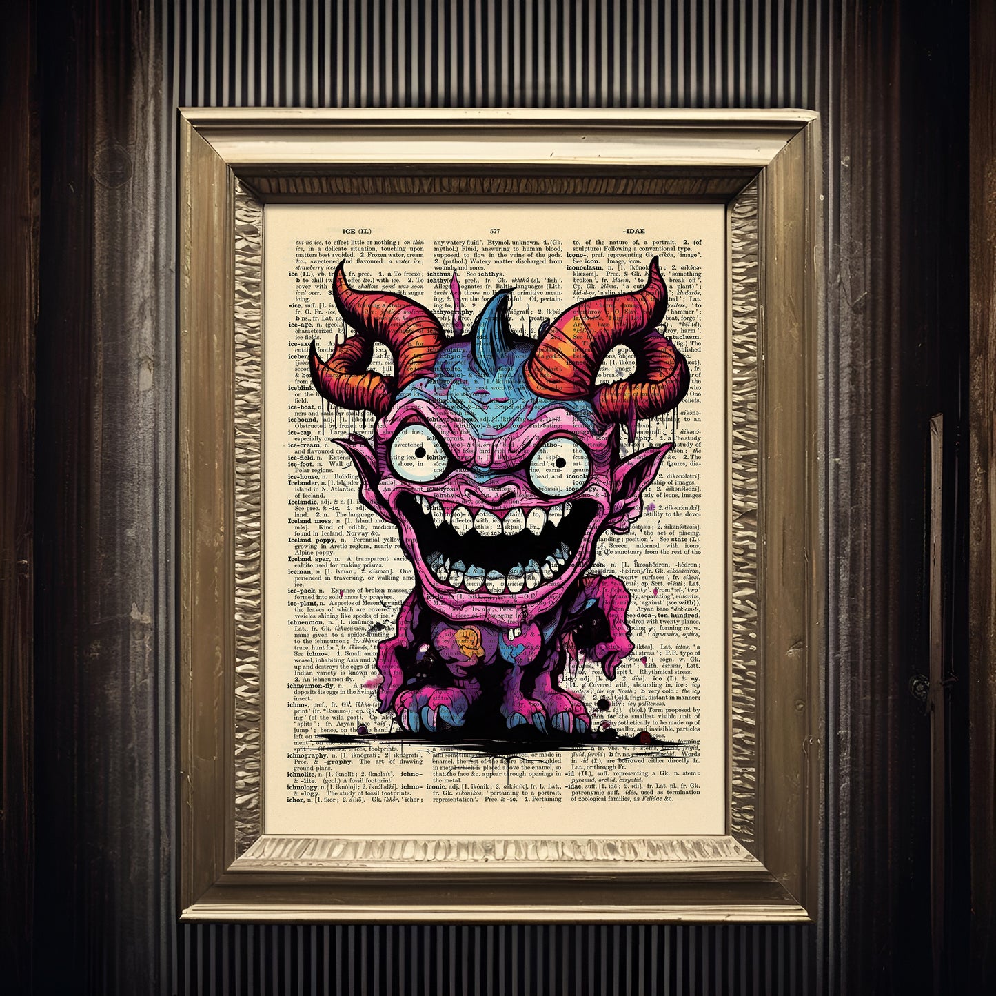 A limited edition print of a horned devil, styled like an old photograph, creating an eerie and mysterious atmosphere on a vintage dictionary page.