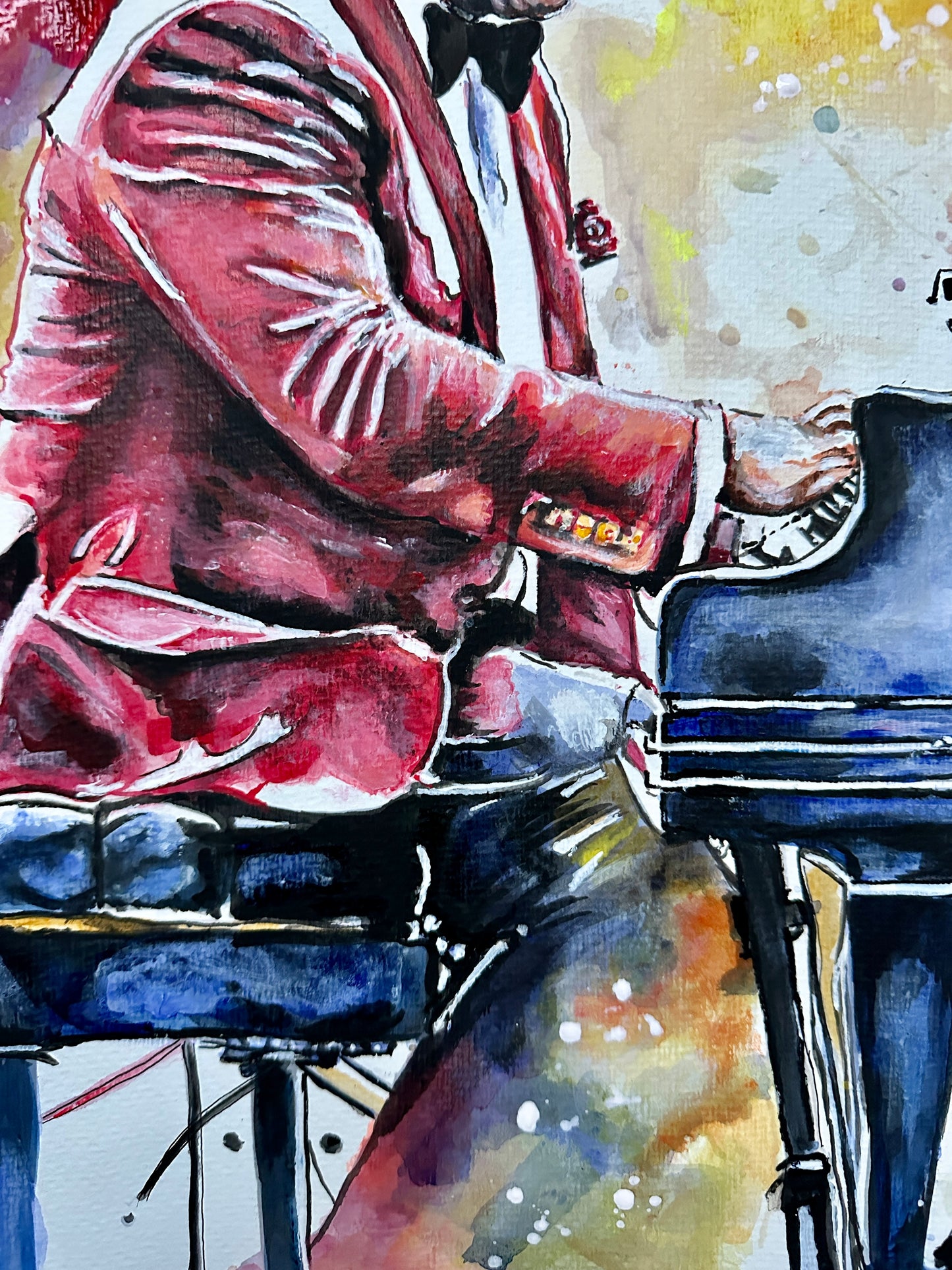 Iconic Elton John on stage, voice filling the air, depicted in watercolour and acrylics.