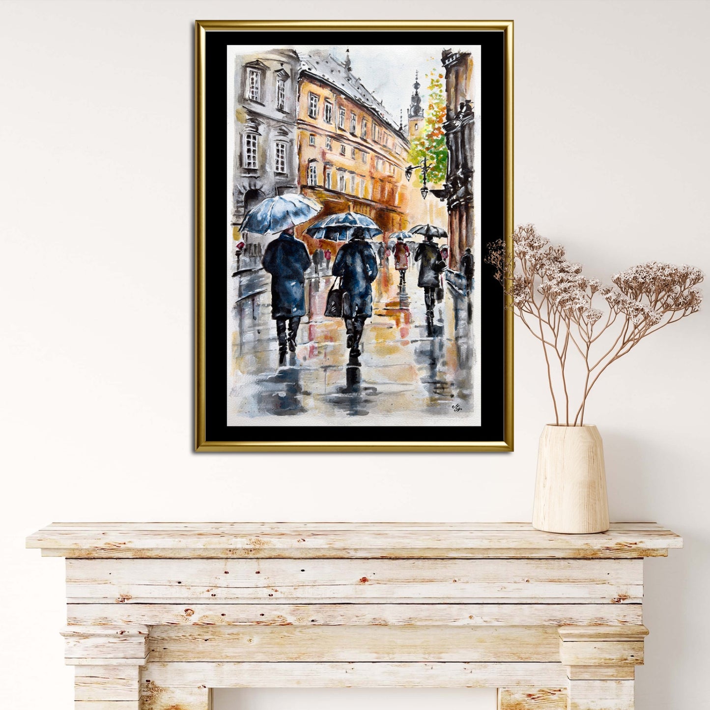 Captures essence of Krakow's vibrant streetscape on a rainy day