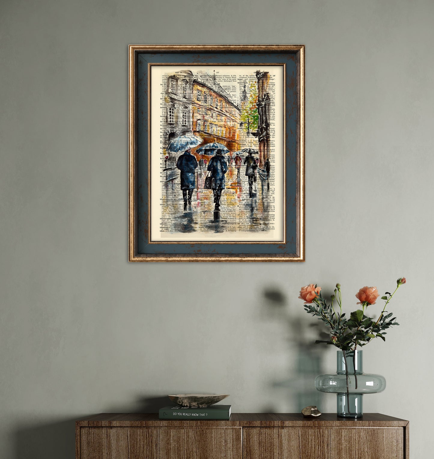 Eco-conscious digital art of Krakow on an upcycled book page, inspired by a rainy day in Poland.