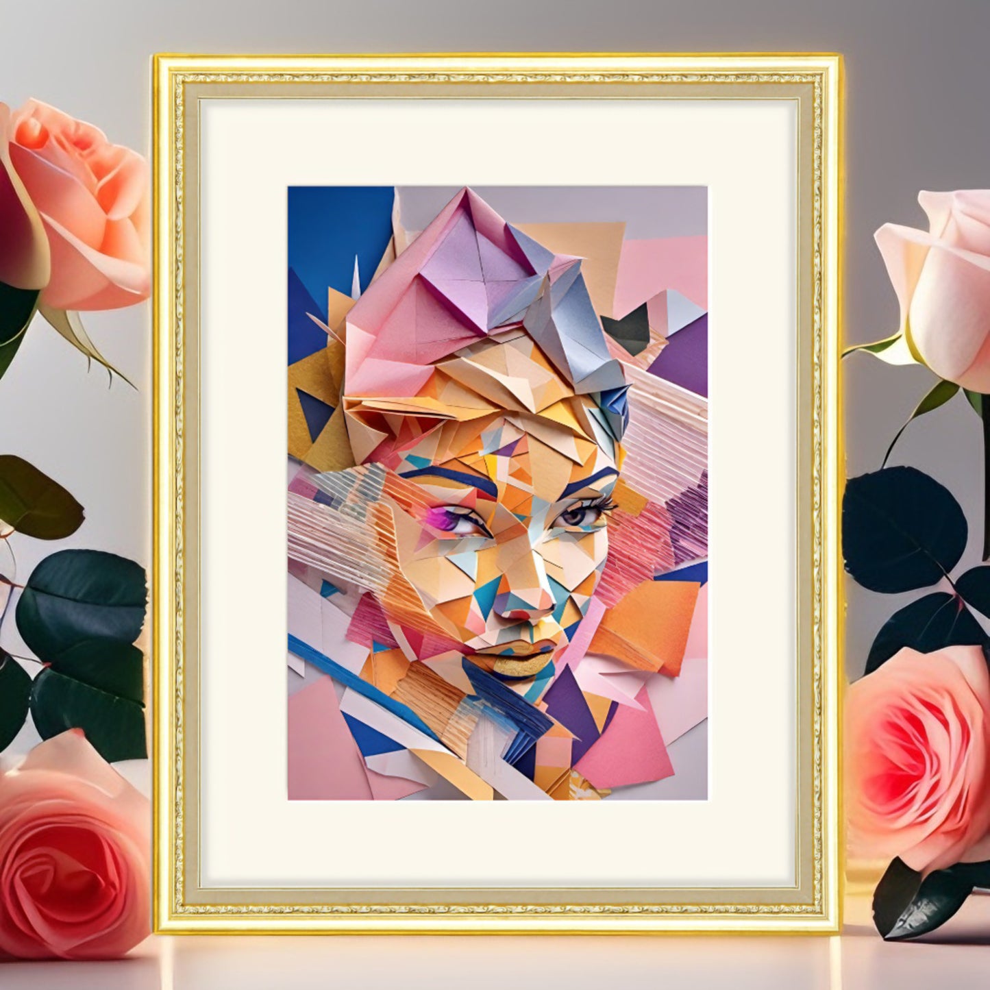 Unique digital art piece showcasing a woman in an origami-inspired world.