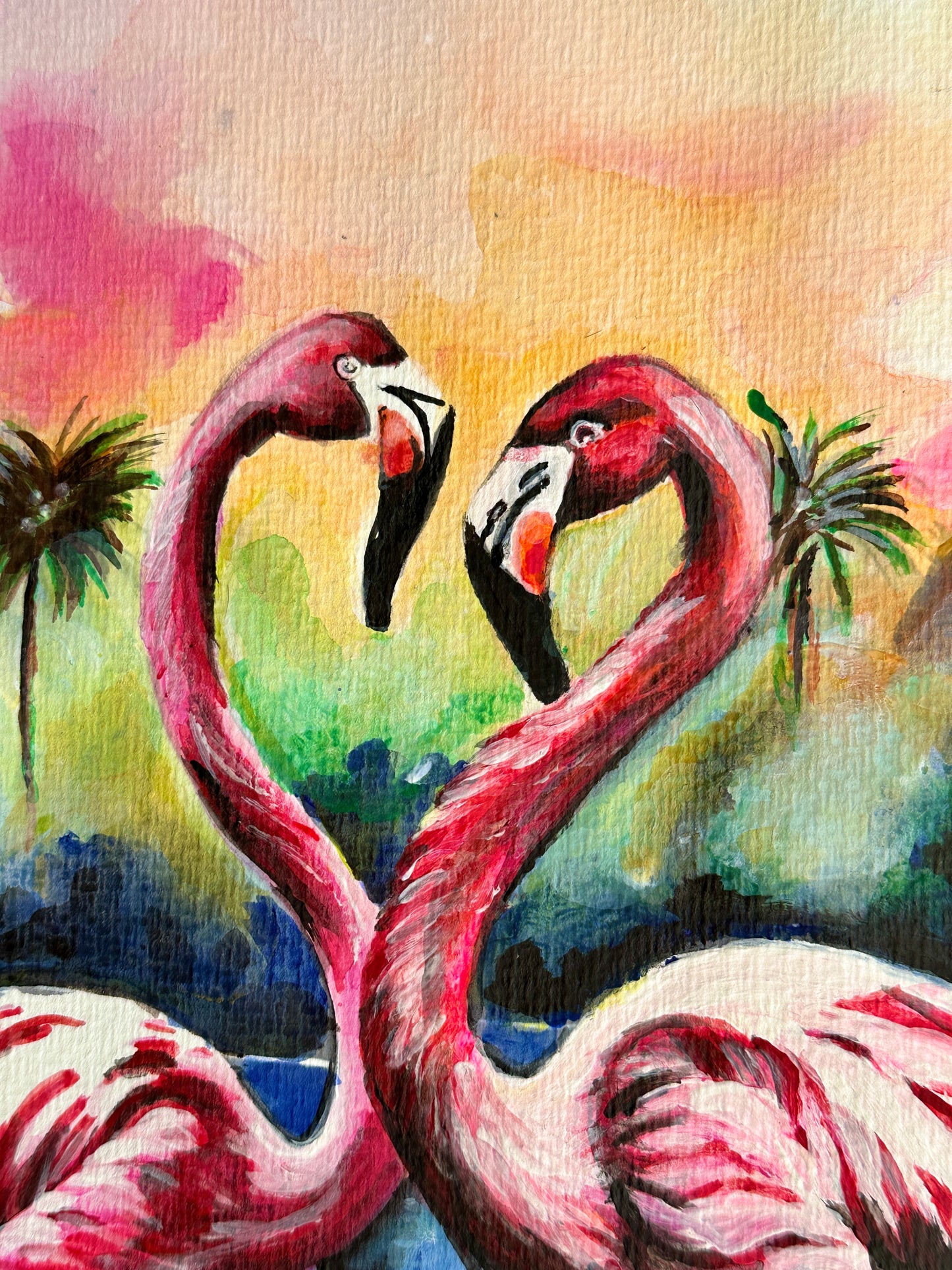 Original flamingo painting at sunset on a wild beach, created with watercolor, acrylic, and ink by Misty Lady.