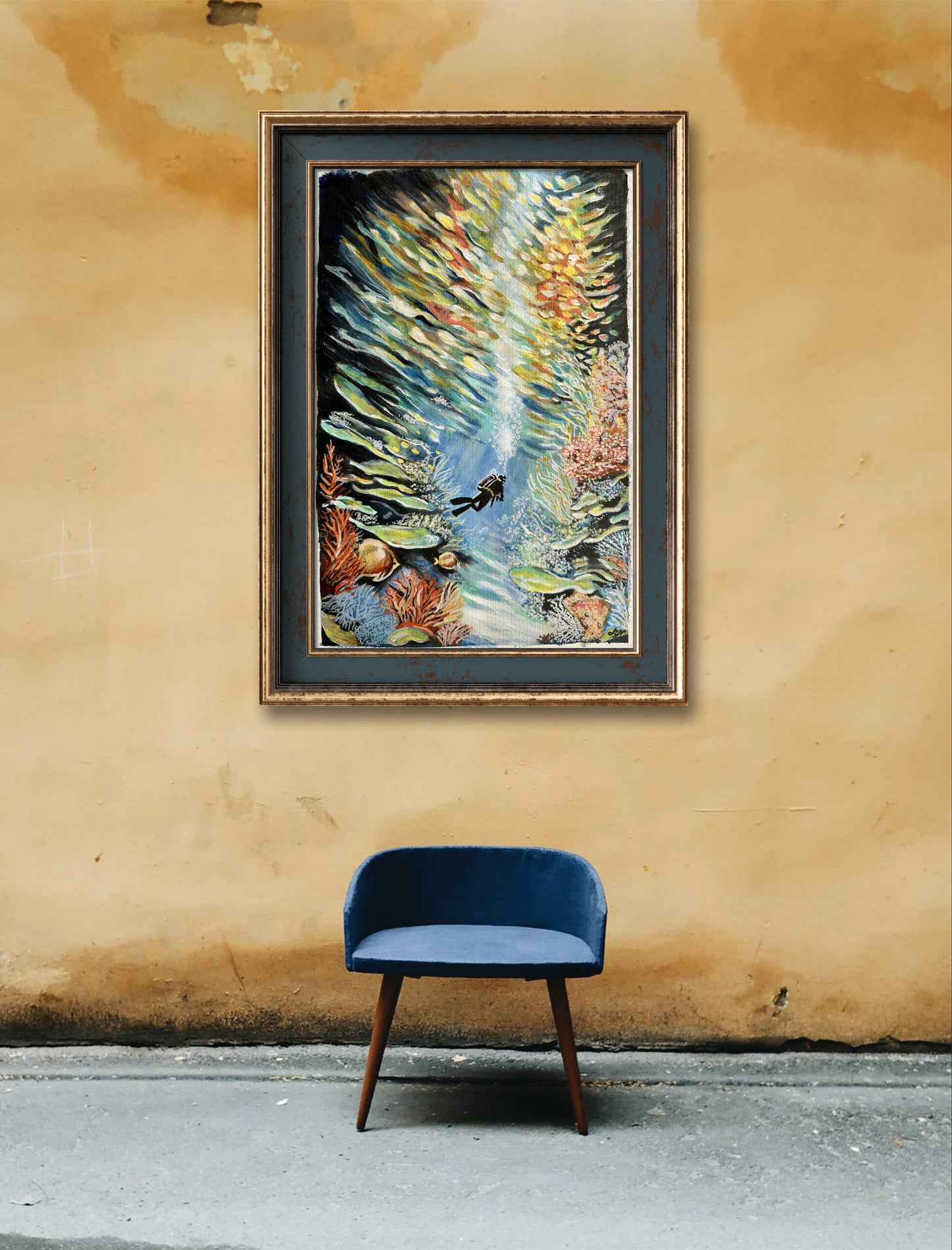 "Diver above a coral reef, showcasing underwater life and sunlight reflections, on aquarelle paper."