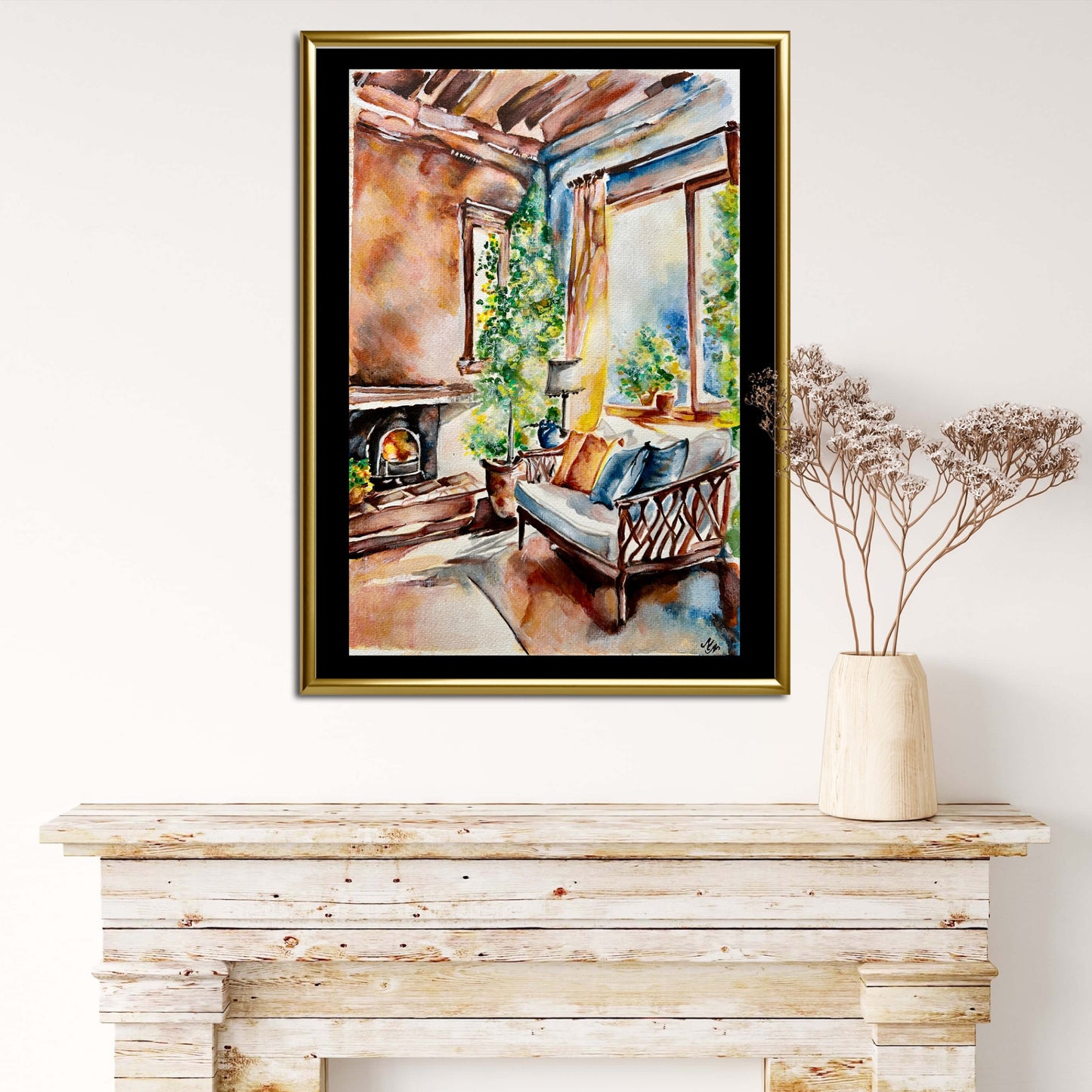 "Bright and cheerful garden room with blooming flowers and vibrant plants, bathed in sunlight."