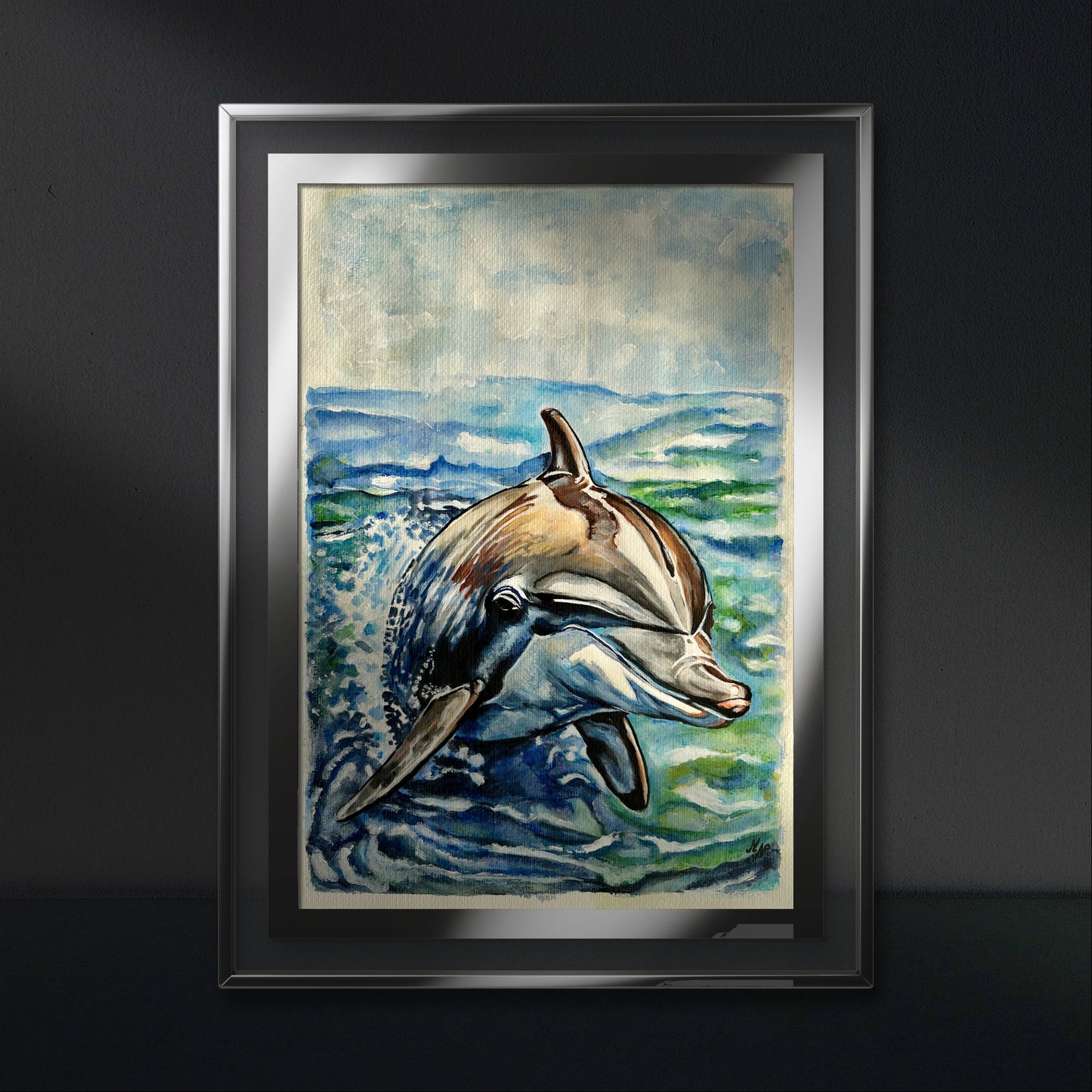 Tranquil seascape with a majestic dolphin swimming