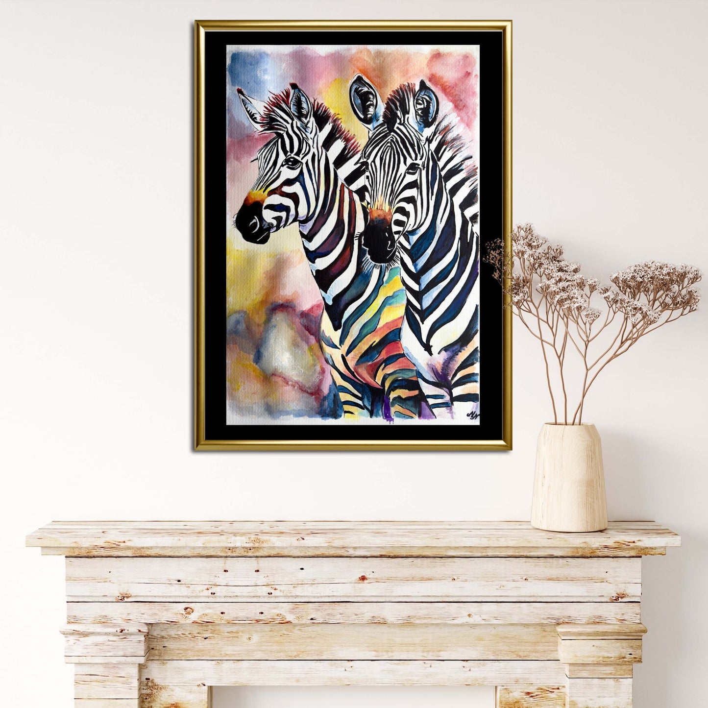 Cheerful zebras in mixed-media artwork