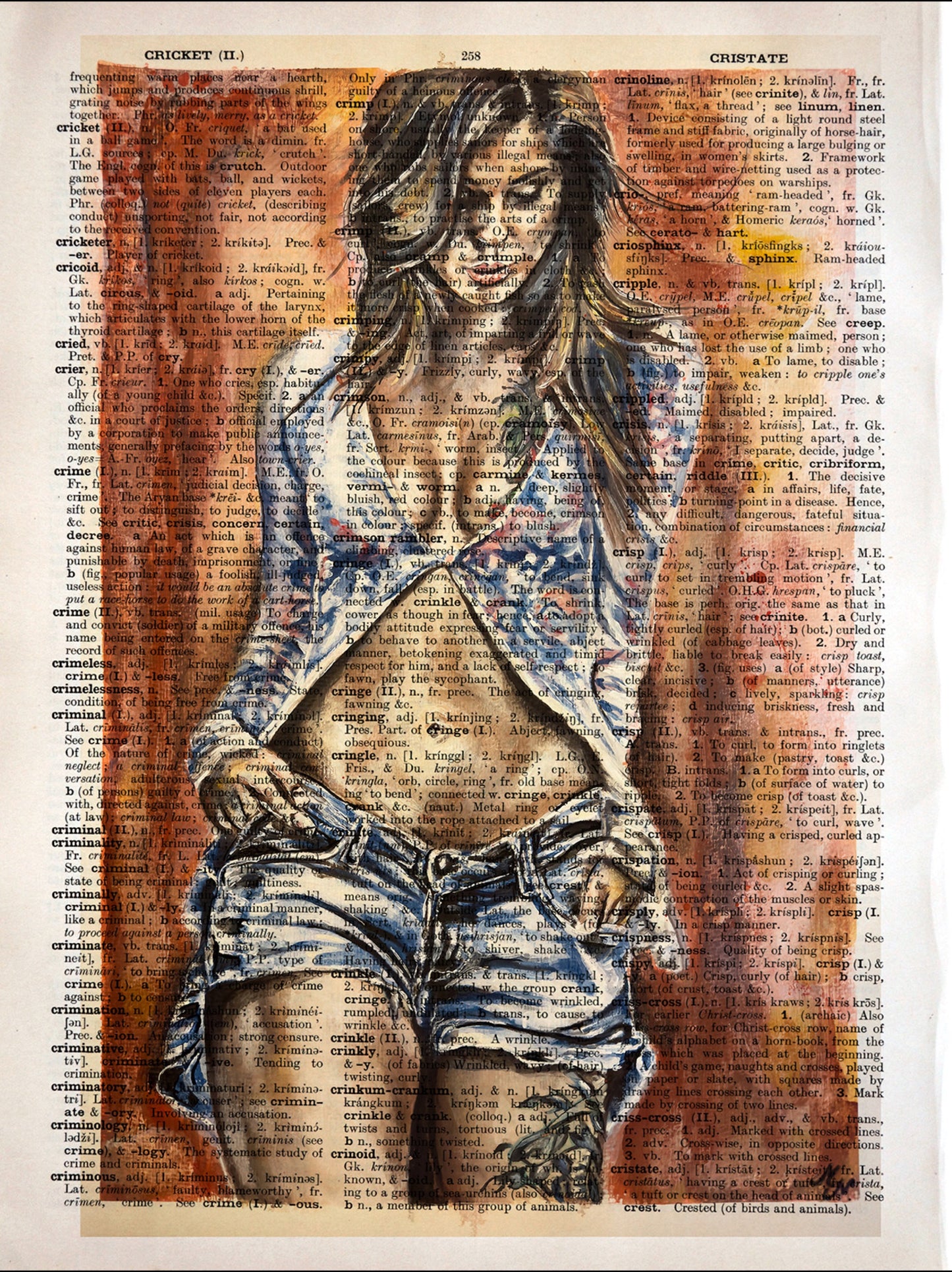 "Feeling Fine" by Misty Lady, showcasing a girl in a windy shirt and jean shorts on an upcycled vintage dictionary page, inspired by the 1980s.