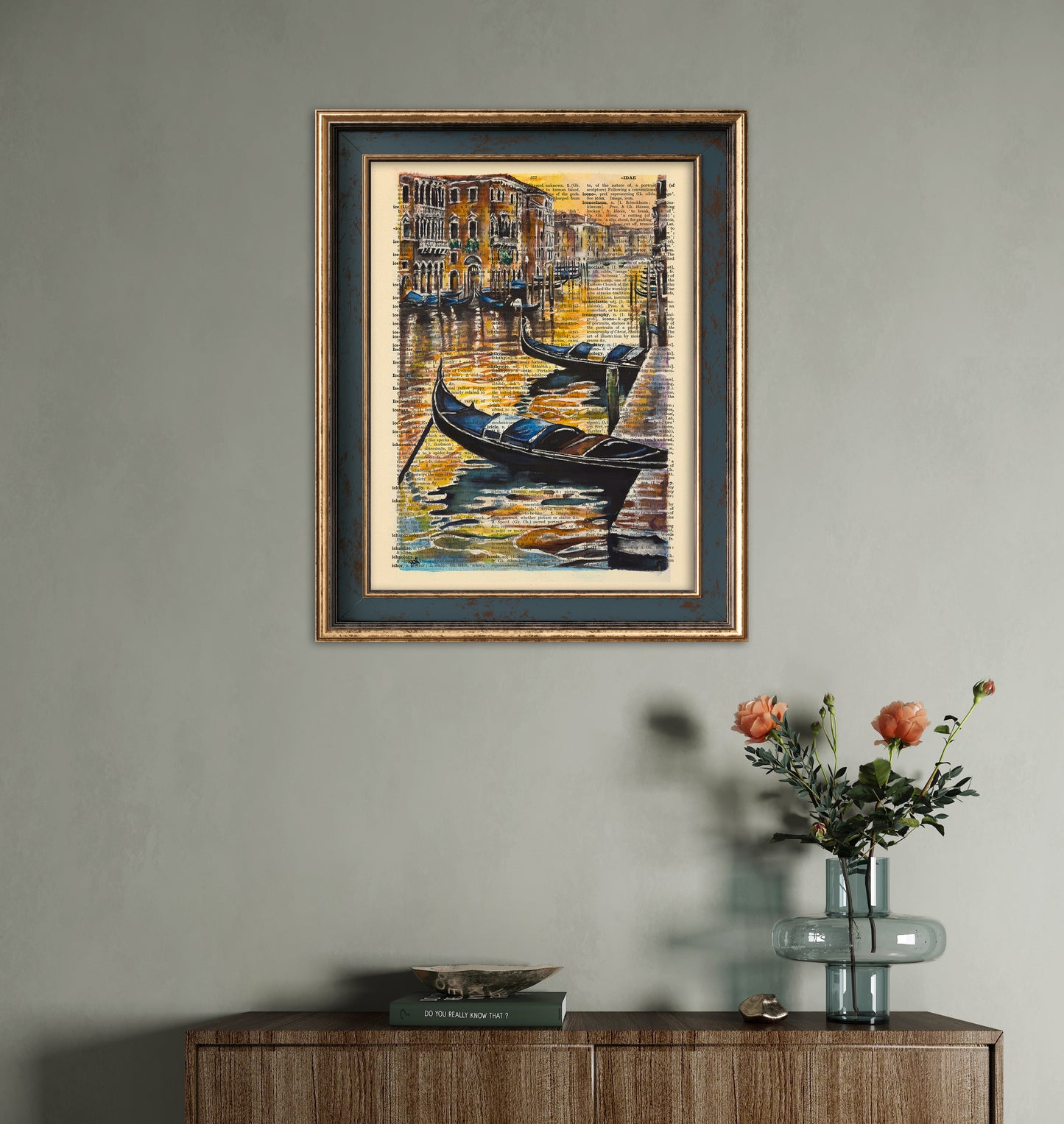 Digital art titled "Venice at Sunset," showcasing the tranquil beauty of Venice on a 1930s vintage dictionary page, perfect for art lovers.