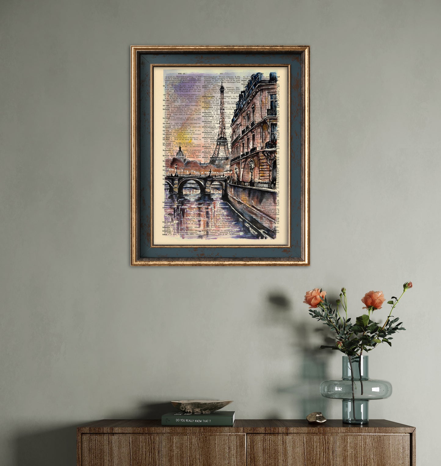 Digital art titled "A Look at Paris," portraying the Eiffel Tower and its surroundings, printed on a vintage dictionary page for an eco-friendly touch.