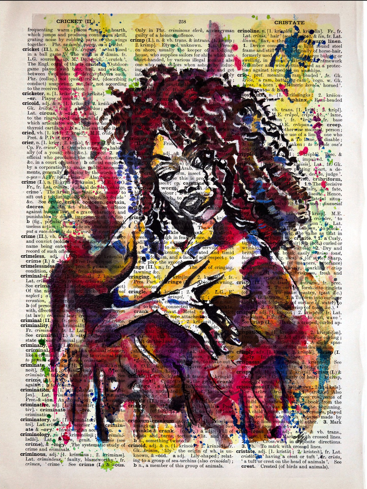 Celebrating African Beauty - "Colorful Rhythms." A digital artwork showcases an African woman with vibrant dreadlocks. Printed on a vintage dictionary page (1930s).