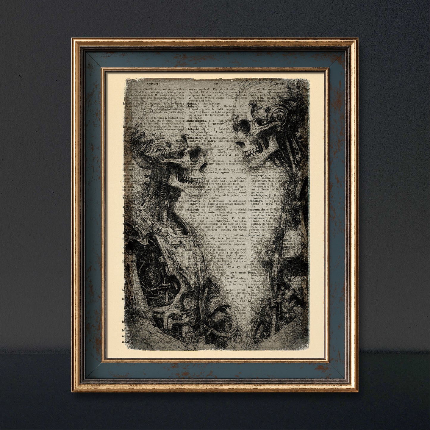 Romantic yet spooky skeletal lovers' artwork on a vintage dictionary page.