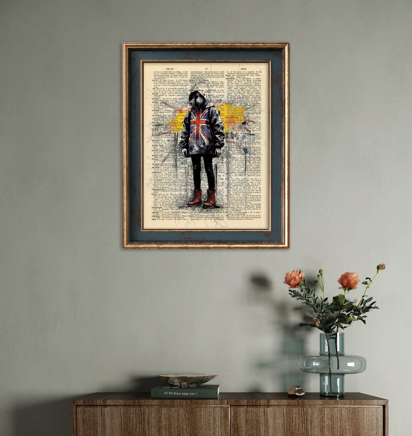 A poignant illustration of the children impacted by UK riots, set against a backdrop of historical text from a vintage dictionary page.