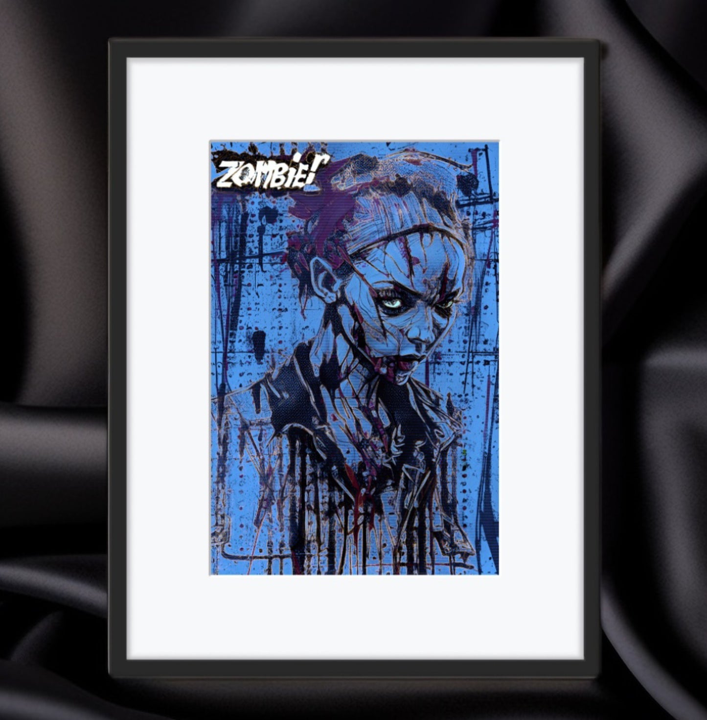 "Zombie" art print by Jakub DK: Portrait of a zombie girl with halftone tricks and golden illumination