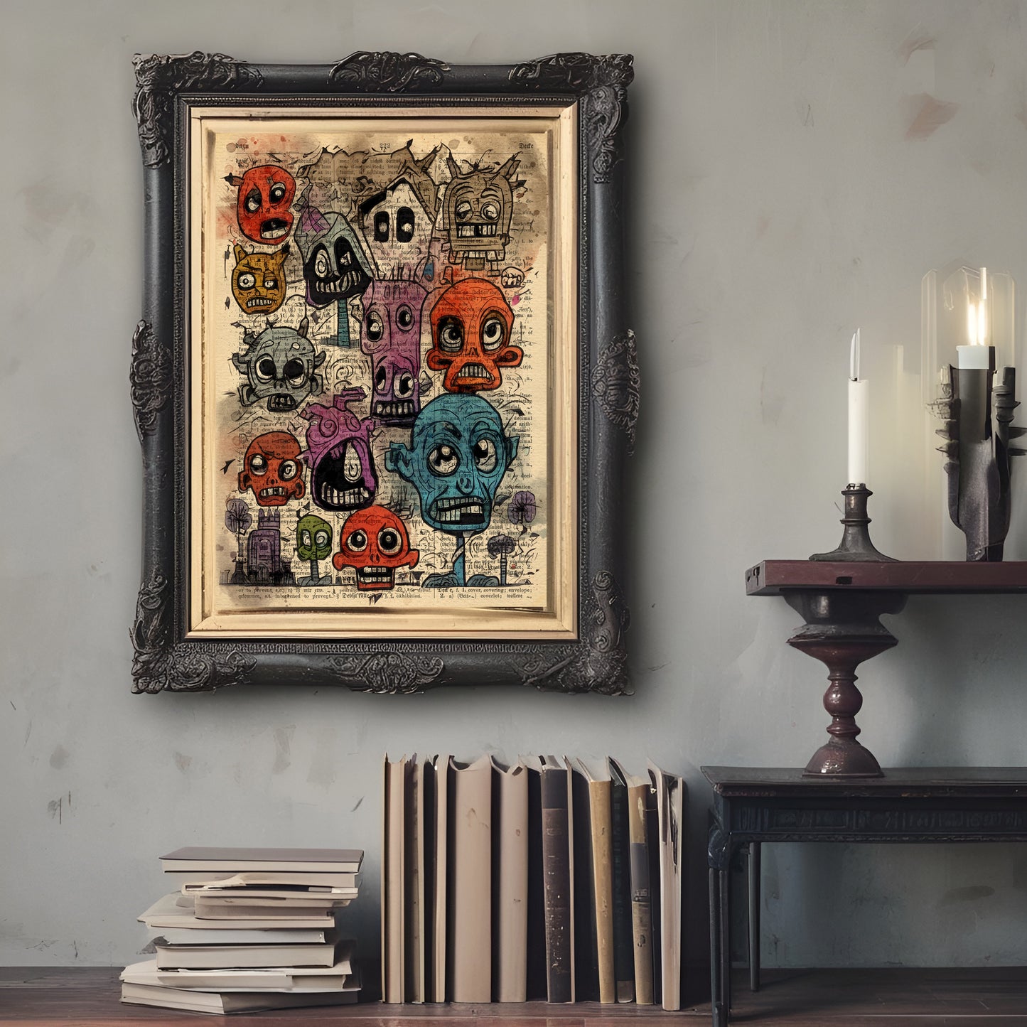 "Monsters Of The Book": 150 artistic prints of humorous monster characters on digitally manipulated English-German dictionary pages.