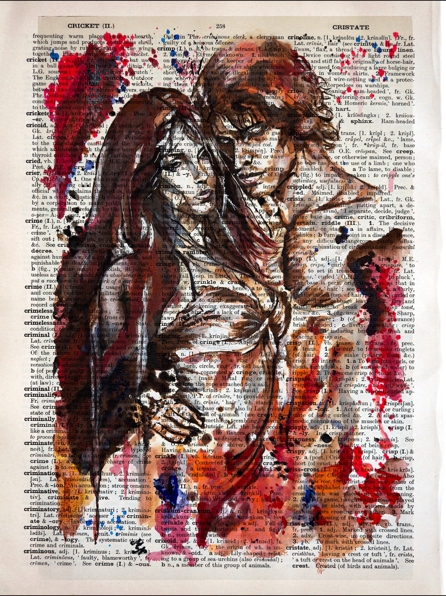 "Hues of Desire" captures a passionate couple in a palette of reds, sepia, orange, and browns with black touches, set against a vibrant background of saturated red, orange, and russet on textured aquarelle fine art paper.