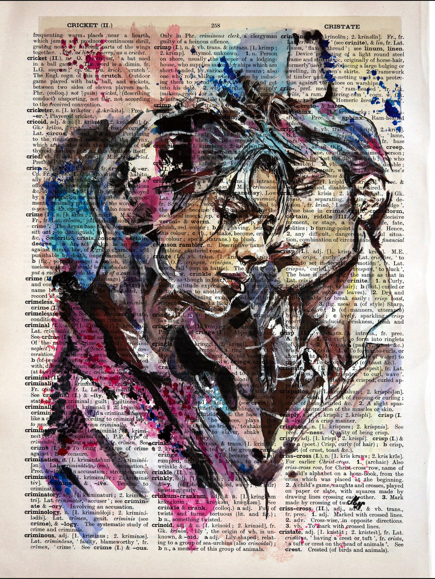 Vintage Dictionary Art - "Whispered Promises." Digital artwork featuring two men embracing, their eyes closed, on an authentic 1930s dictionary page.