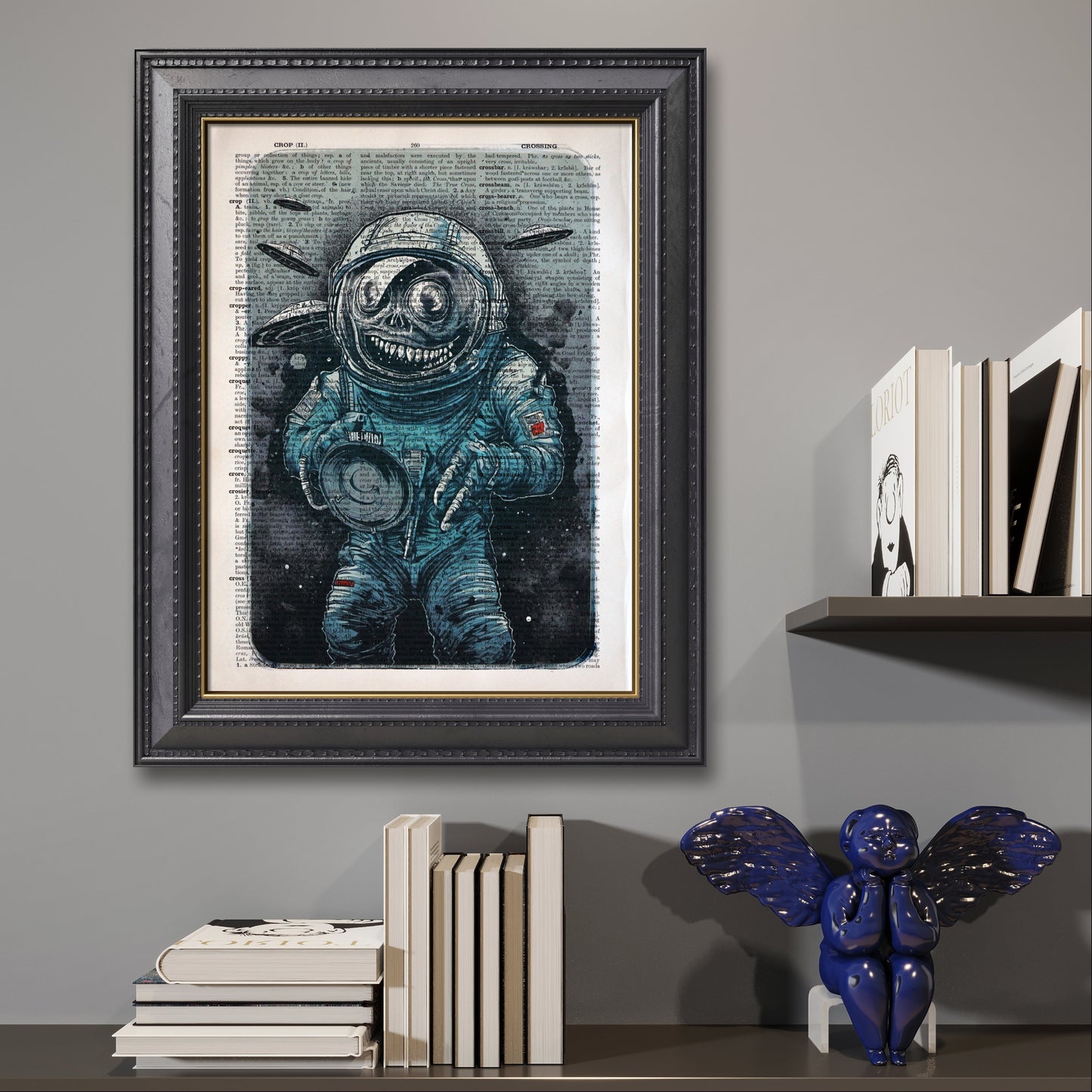 The "Cosmic Plague" series blends sci-fi horror with vintage charm, printed on upcycled dictionary pages.