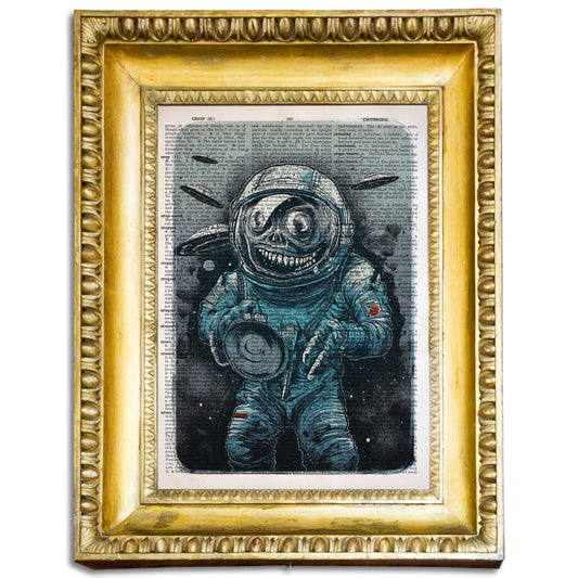 "Cosmic Plague" depicts an astronaut-like creature with large teeth and eerie eyes on an upcycled dictionary page.