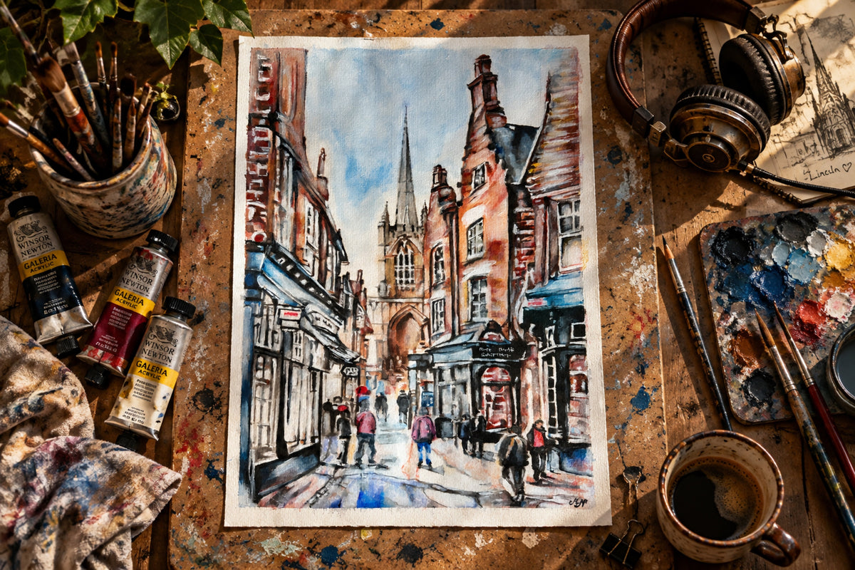 Original portrait-format Lincoln cityscape artwork by Misty Lady, 33 × 48.3 cm