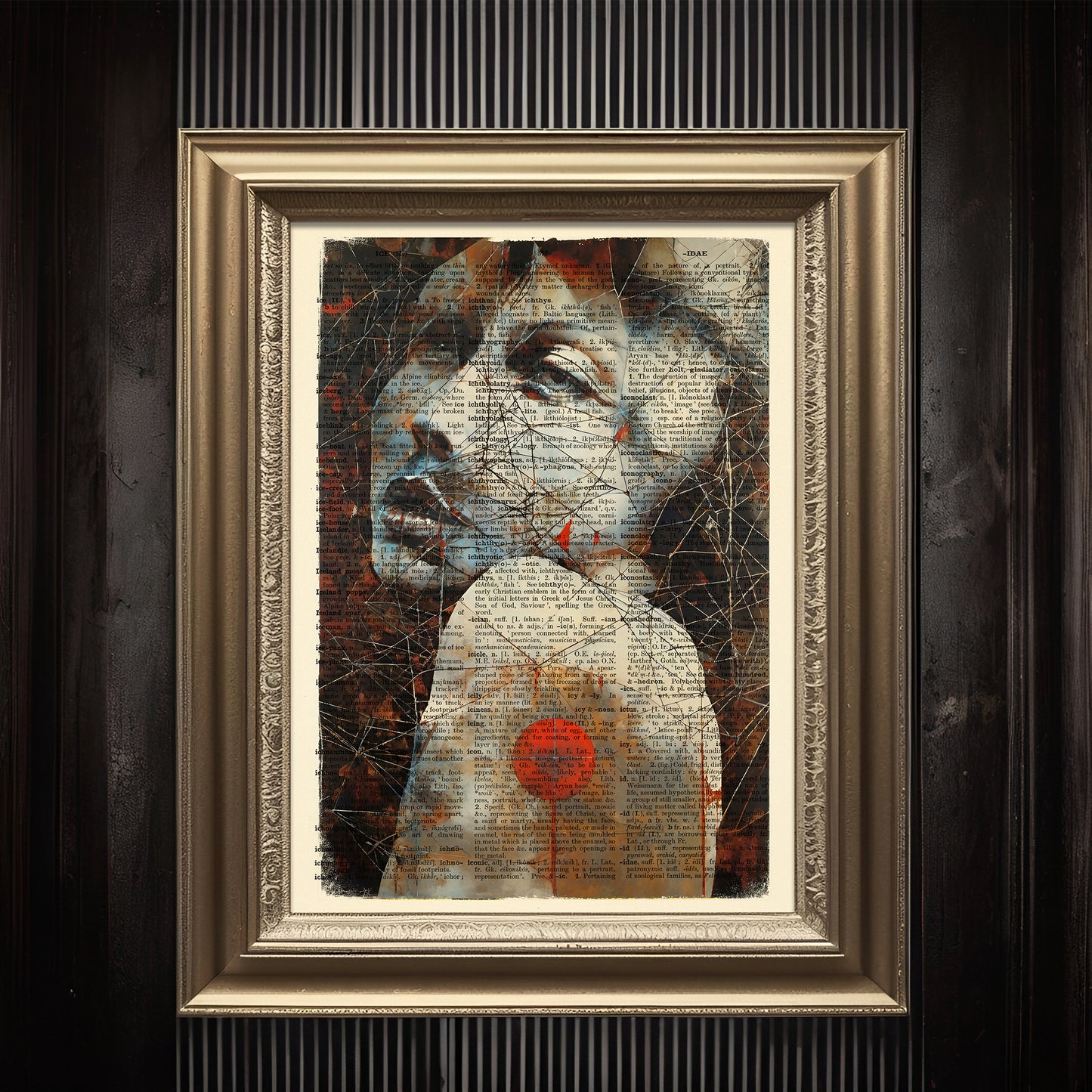 Unique artwork featuring a woman in a surreal, dreamy world on a vintage page.