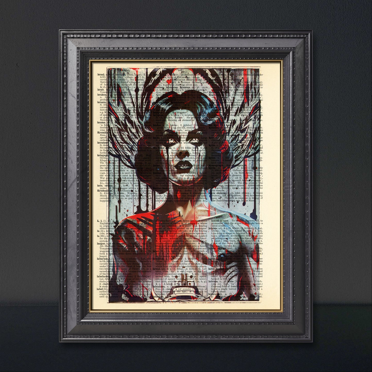 Collage of creepy horror elements on an upcycled English dictionary page.