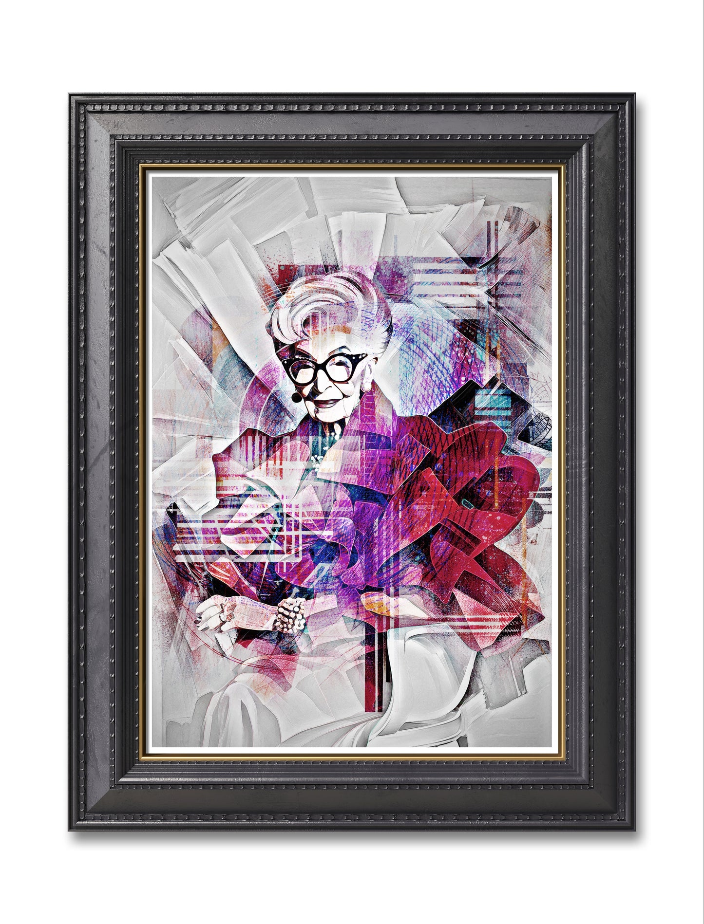 Iris Apfel, the trailblazing entrepreneur and fashion visionary, rendered in exquisite detail in a digital artwork.