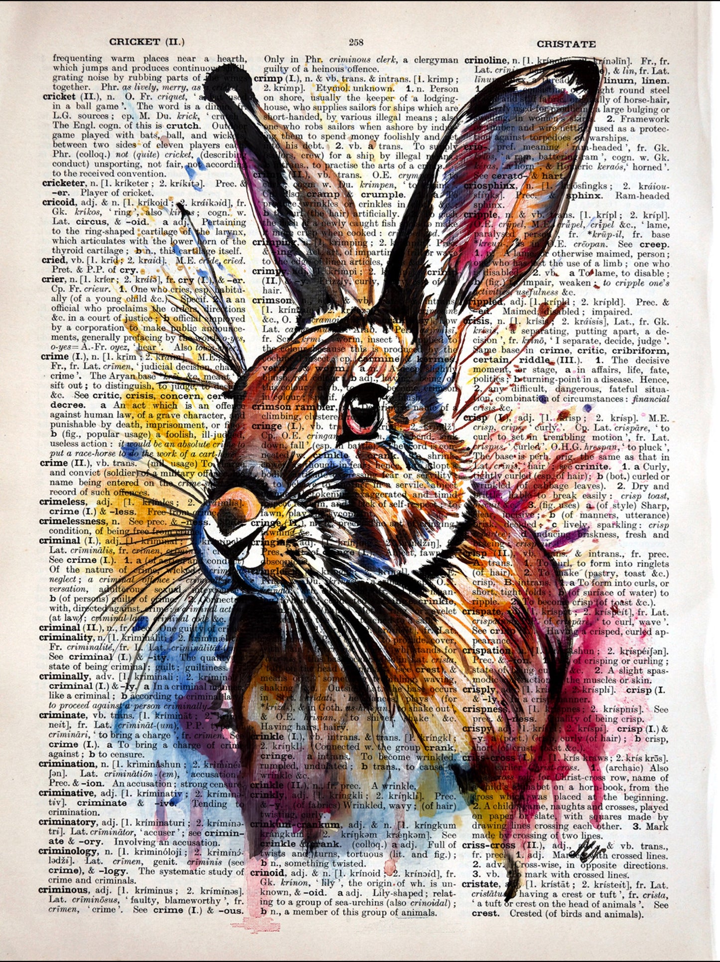 Whimsical Rabbit on Vintage Paper: Limited edition digital art print featuring a colorful rabbit on a upcycled 1930s dictionary page.