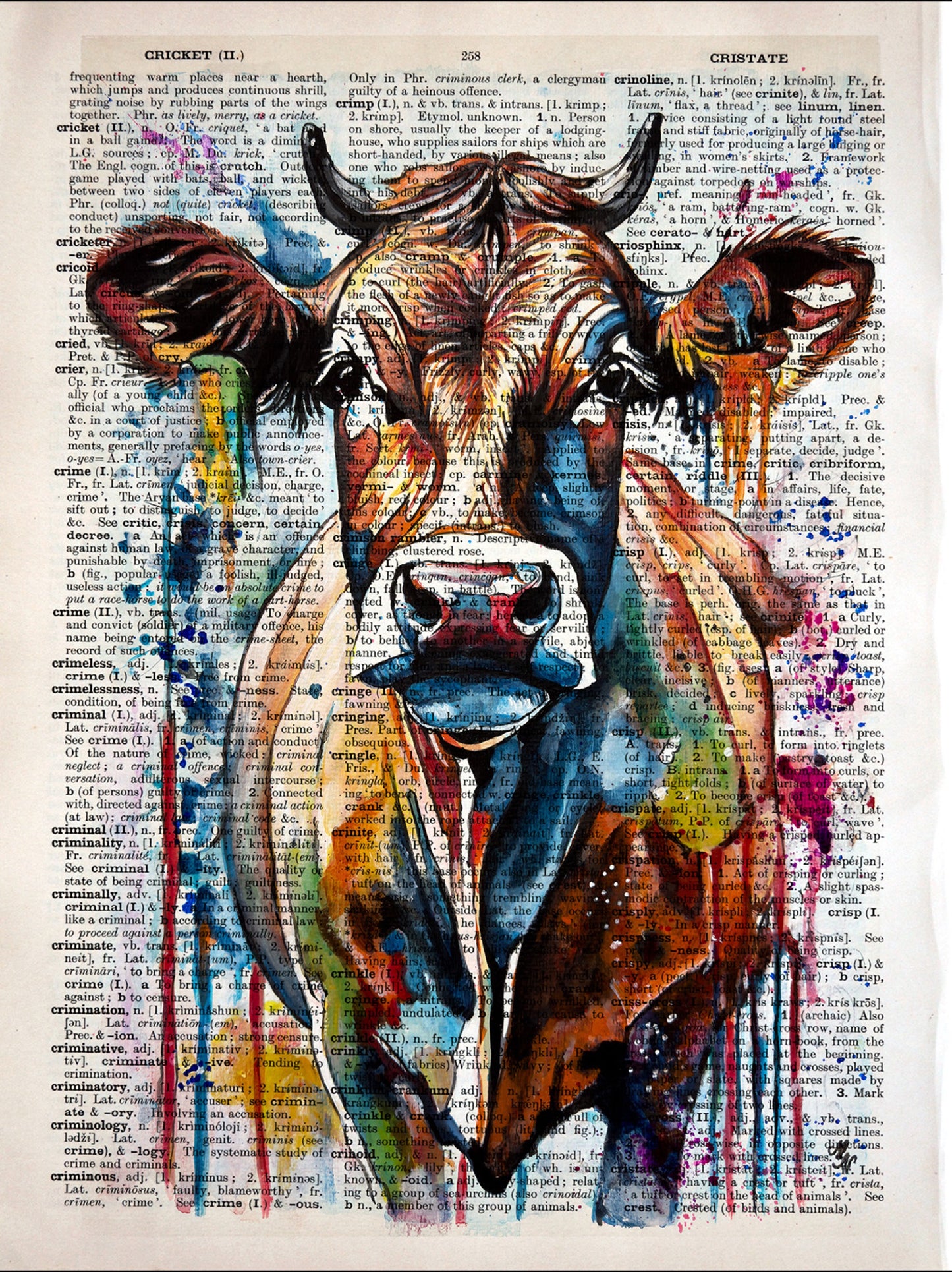 The artwork "Abstract Cow" portrays a colorful cow on an authentic vintage dictionary page, blending modern digital art with antique paper.