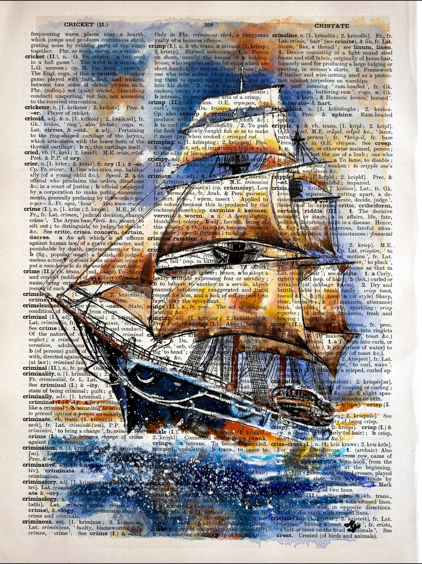 "Majestic Sails" on the vintage page: Digital painting of majestic sails on a repurposed vintage English dictionary page.