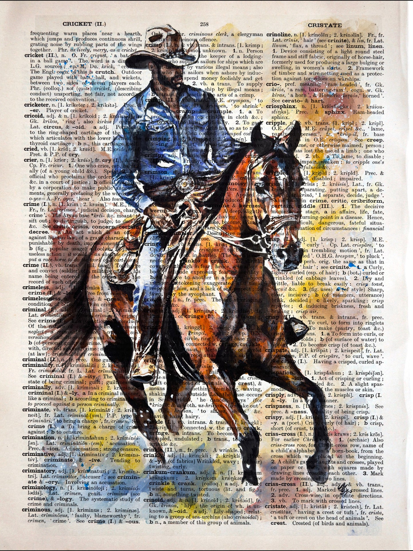 "The Lone Cowboy" by Misty Lady (Malgorzata Nierobisz) on the vintage page: Digital artwork of a cowboy with a Stetson hat, reflecting the essence of frontier life on a vintage dictionary page.
