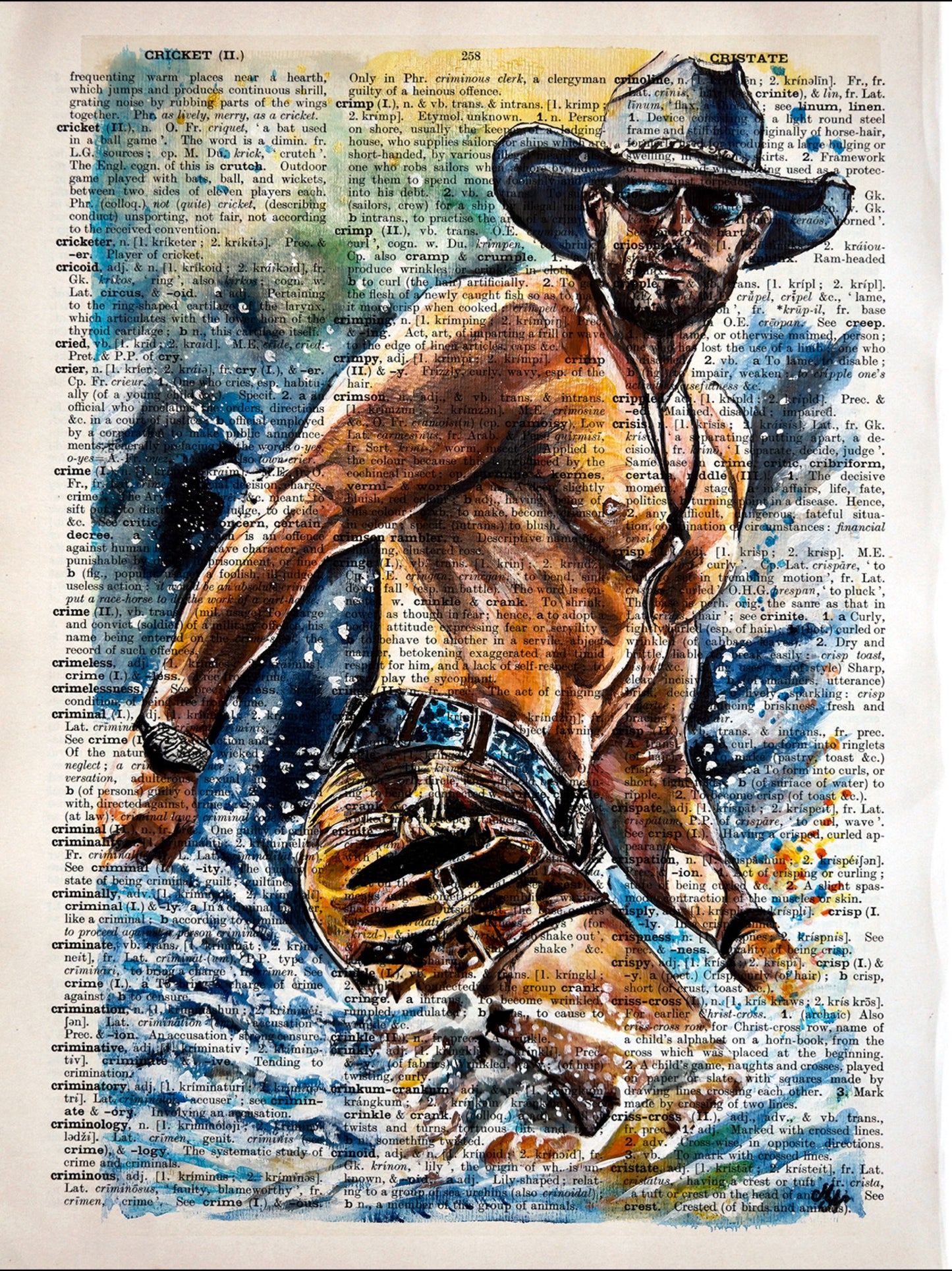 Reimagined Dictionary Page: Digital Adventure Awaits. A man battles the mountain river in this digital artwork, brought to life on an upcycled vintage dictionary page.