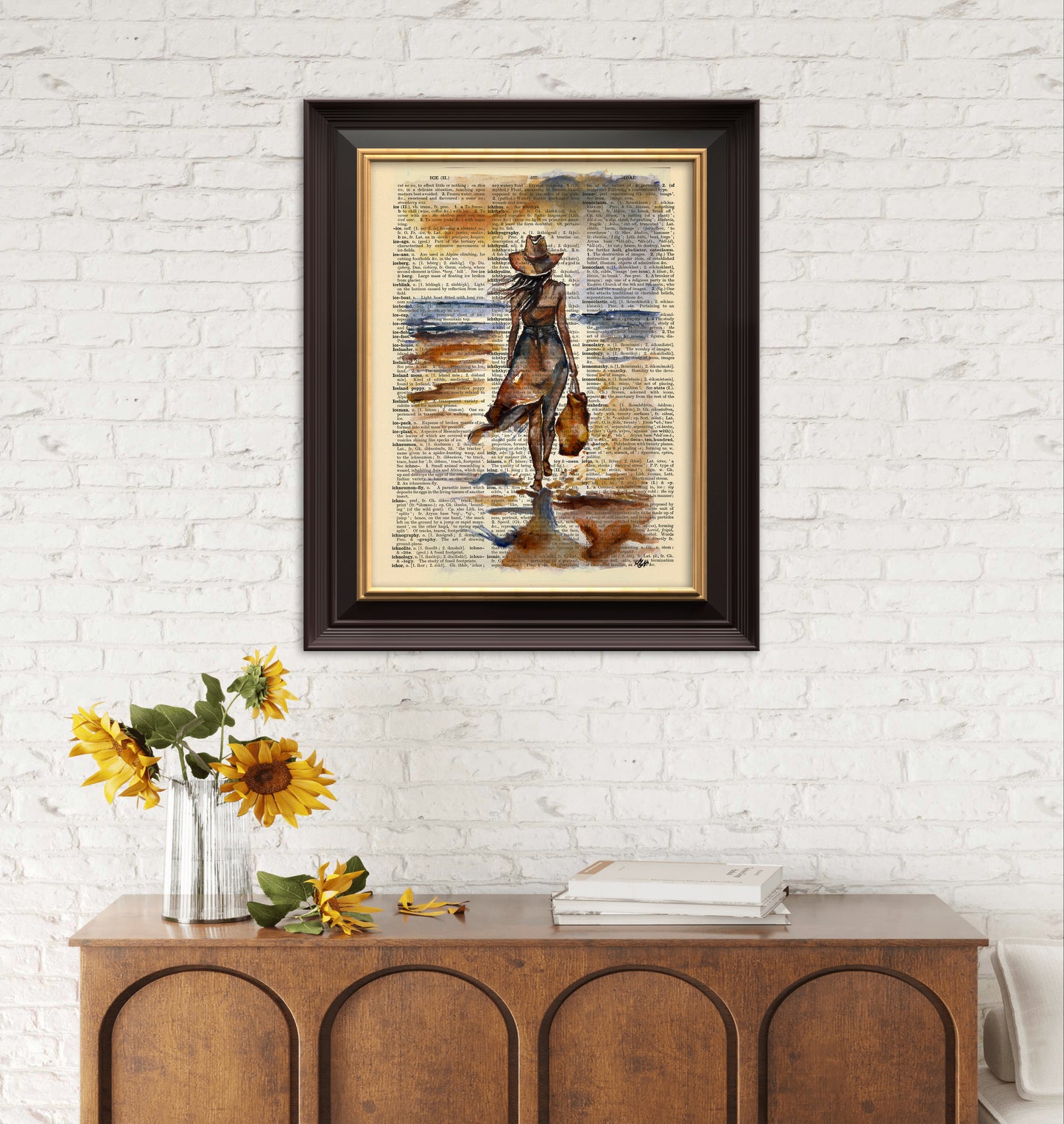 A unique print of people walking around London, moving towards Big Ben, brought to life on an authentic vintage dictionary page.