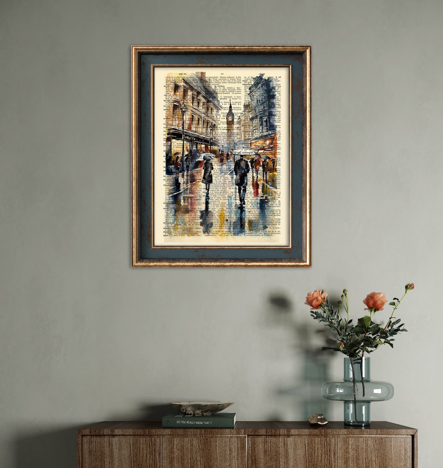 A London city scene with people walking near Big Ben, created on an upcycled 1930s dictionary page.