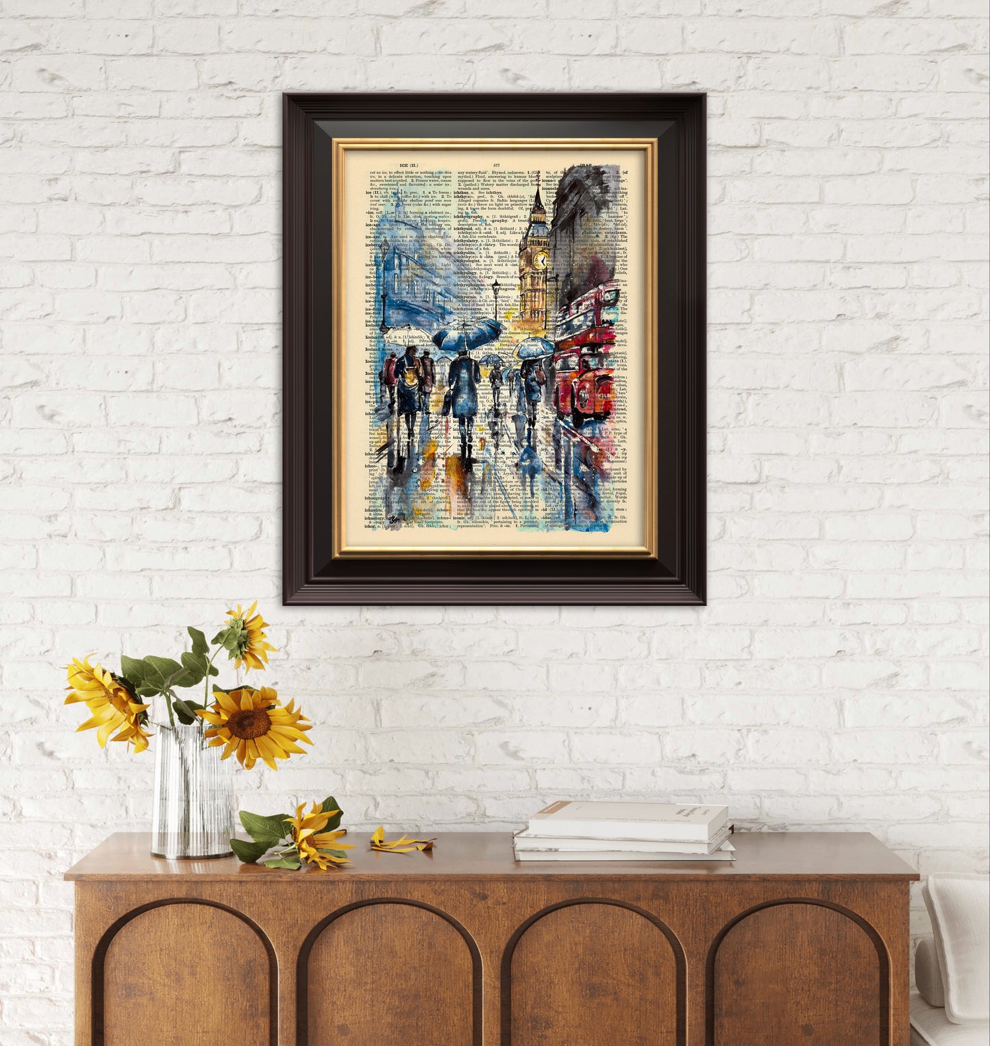 London street art depicting people in the rain near Big Ben, created on a vintage dictionary page.